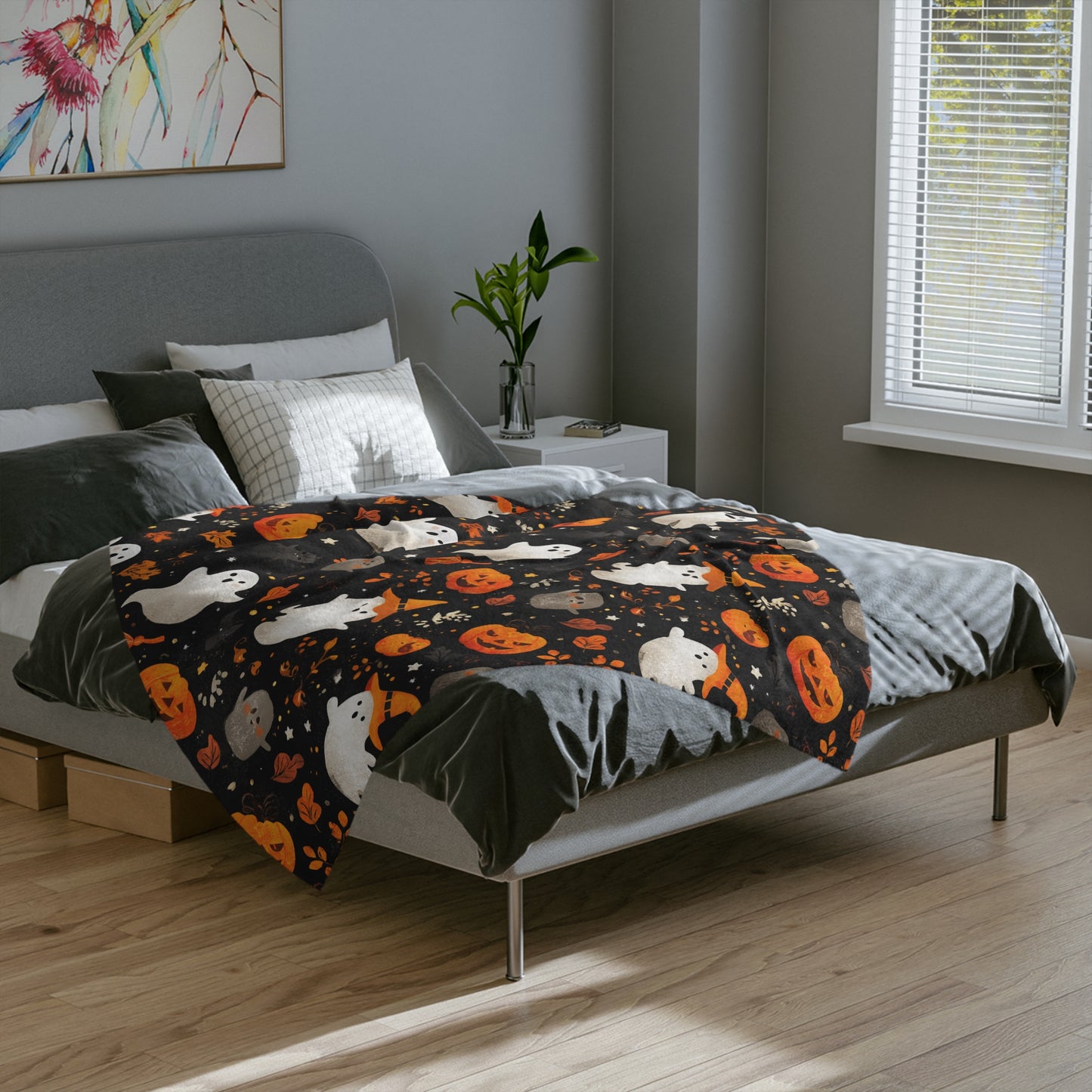 Cozy Halloween Throw Blanket - Velveteen Microfiber with Cute Ghosts & Pumpkins | Night-Sky Black