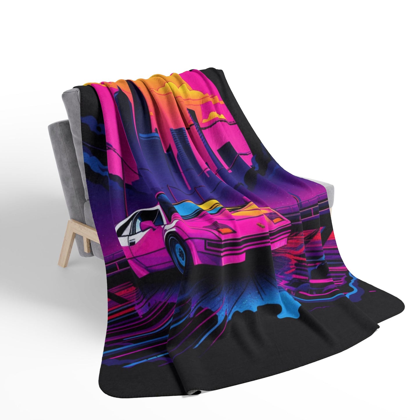 Retro Synthwave Sports Car Fleece Blanket | Neon City Sunset