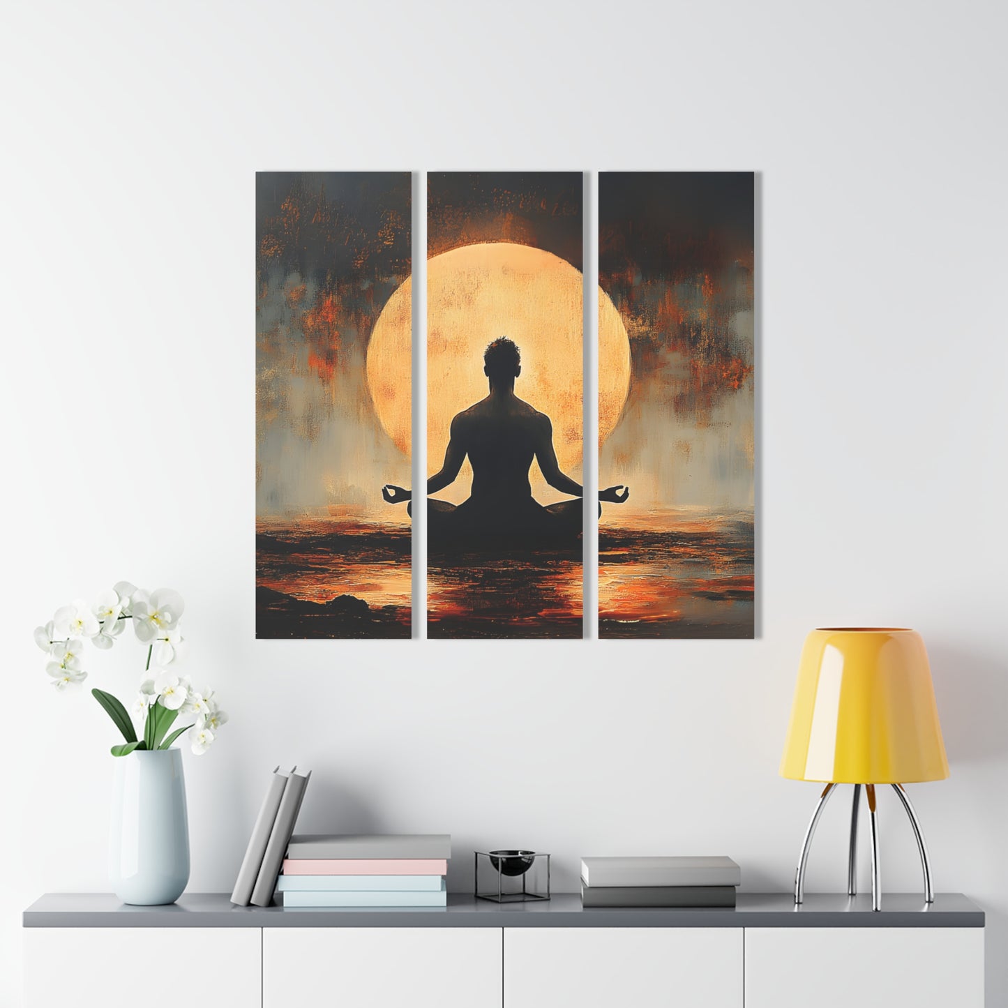 Zen Meditation Sun Silhouette Acrylic Triptych Wall Art 36x36 - Yoga Studio Decor