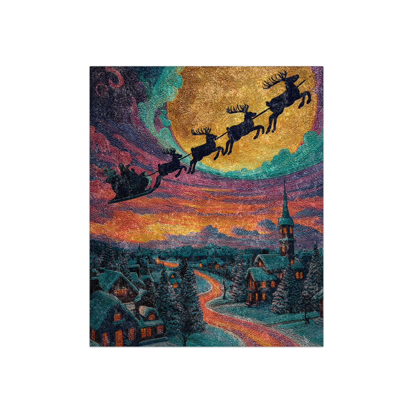 Santa Sleigh and Reindeer Crushed Velvet Blanket | Christmas Nightscape