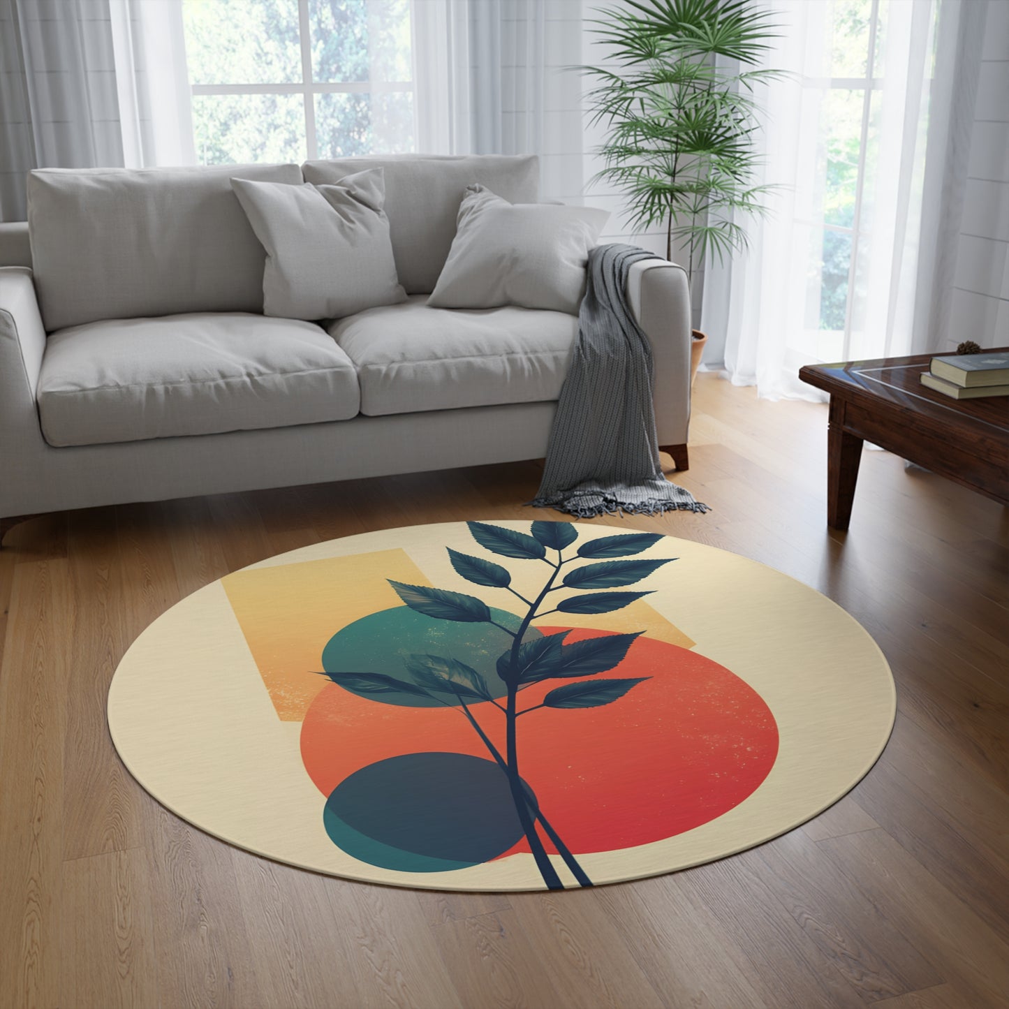 60-inch Round Geometric Botanical Rug in Beige Chenille — Modern Accent for Living Room