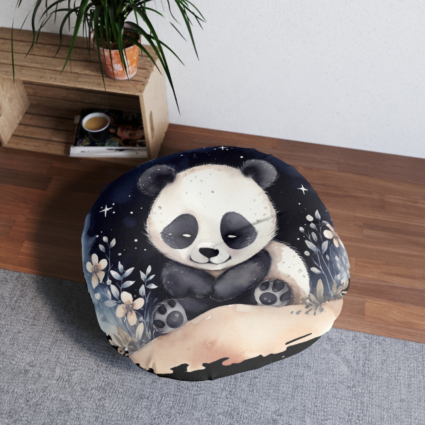 Round Tufted Floor Pillow - Watercolor Baby Panda Night Sky, Nursery Cushion