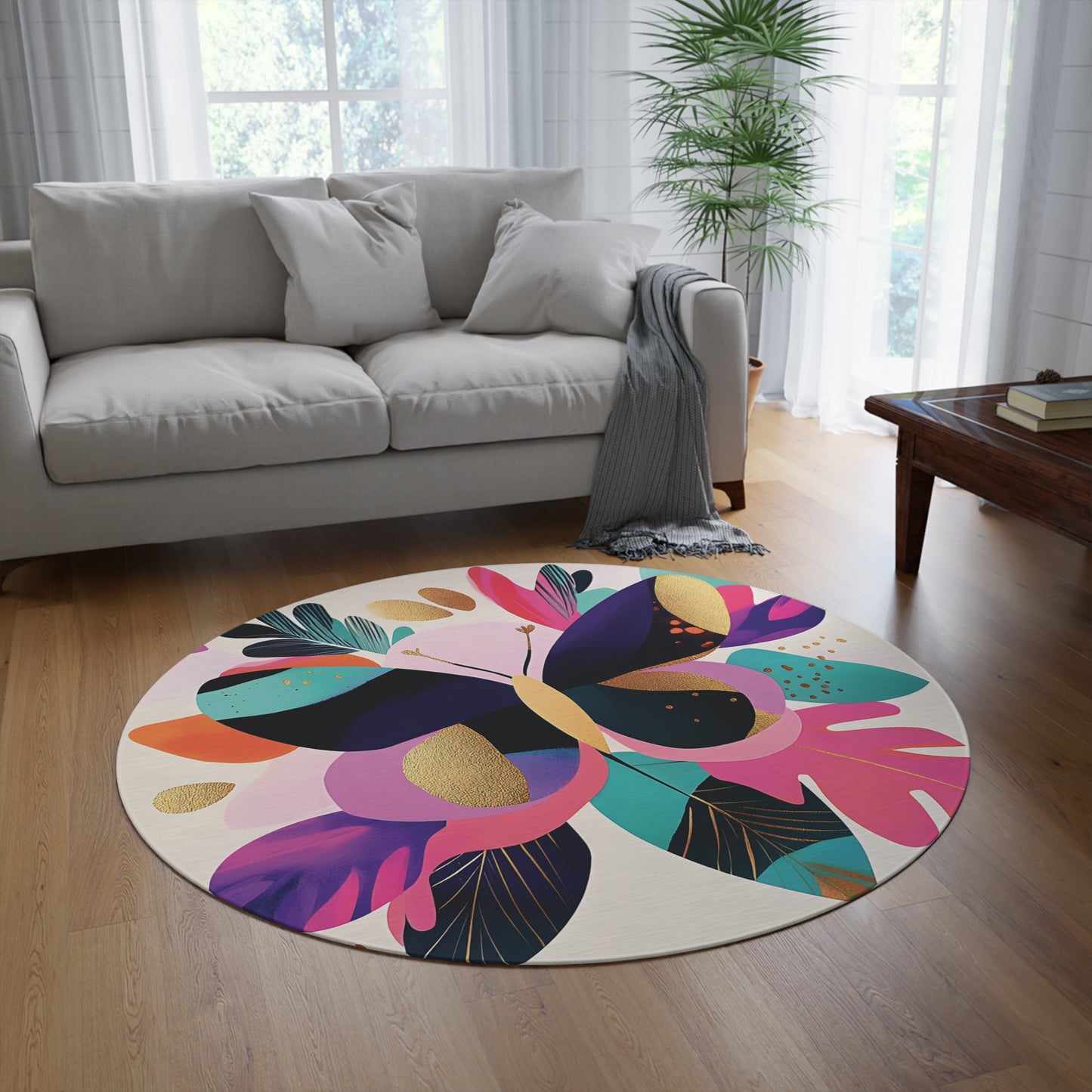 60-Inch Round Butterfly Rug – Modern Abstract Chenille Area Rug, Non-Slip Backing, Low-Profile
