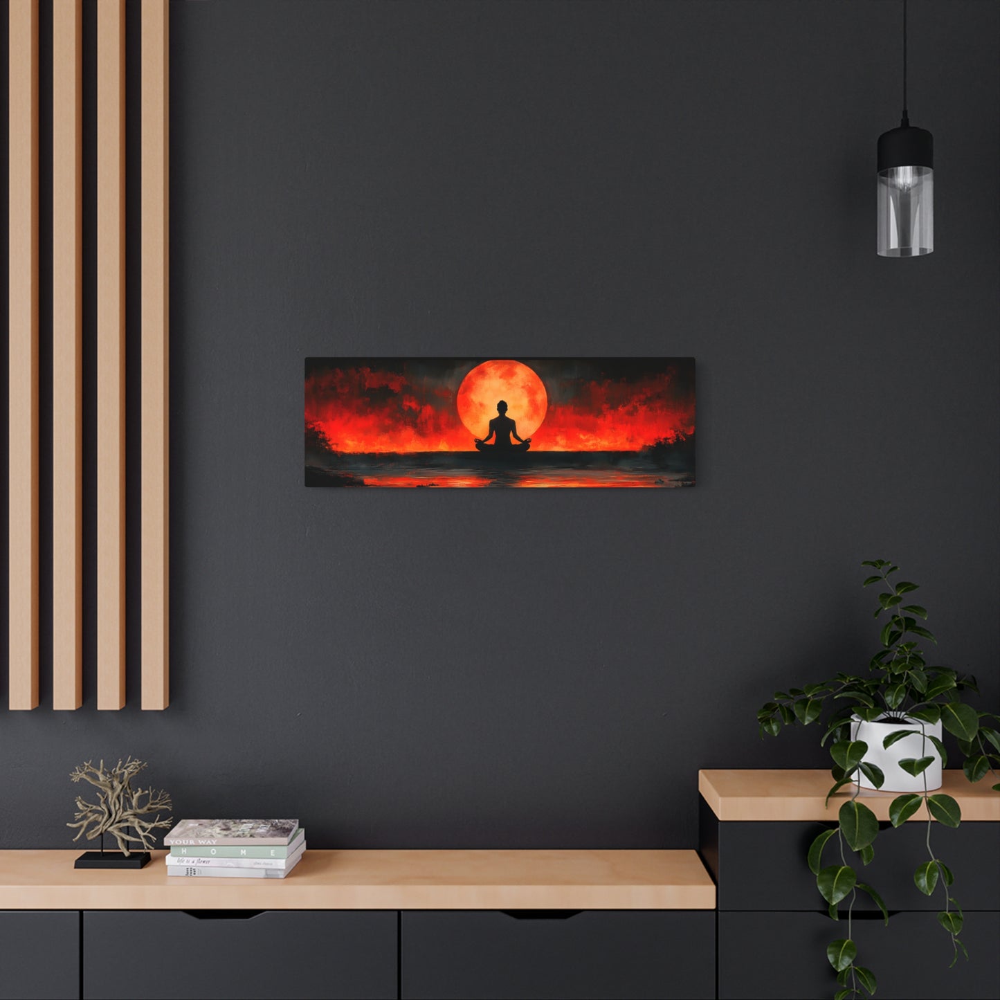 Zen Meditation Sunset Metal Wall Art, 36x12 Panoramic Moon Decor for Yoga Rooms