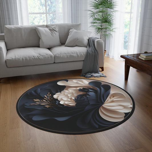 Transform Your Space with the 60-inch Round Navy & Gold Floral Area Rug – Peony Design, Soft Chenille, Non-Slip Backing