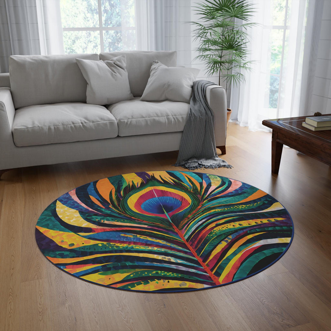 Transform Your Space with the 60 inch Round Peacock Feather Area Rug