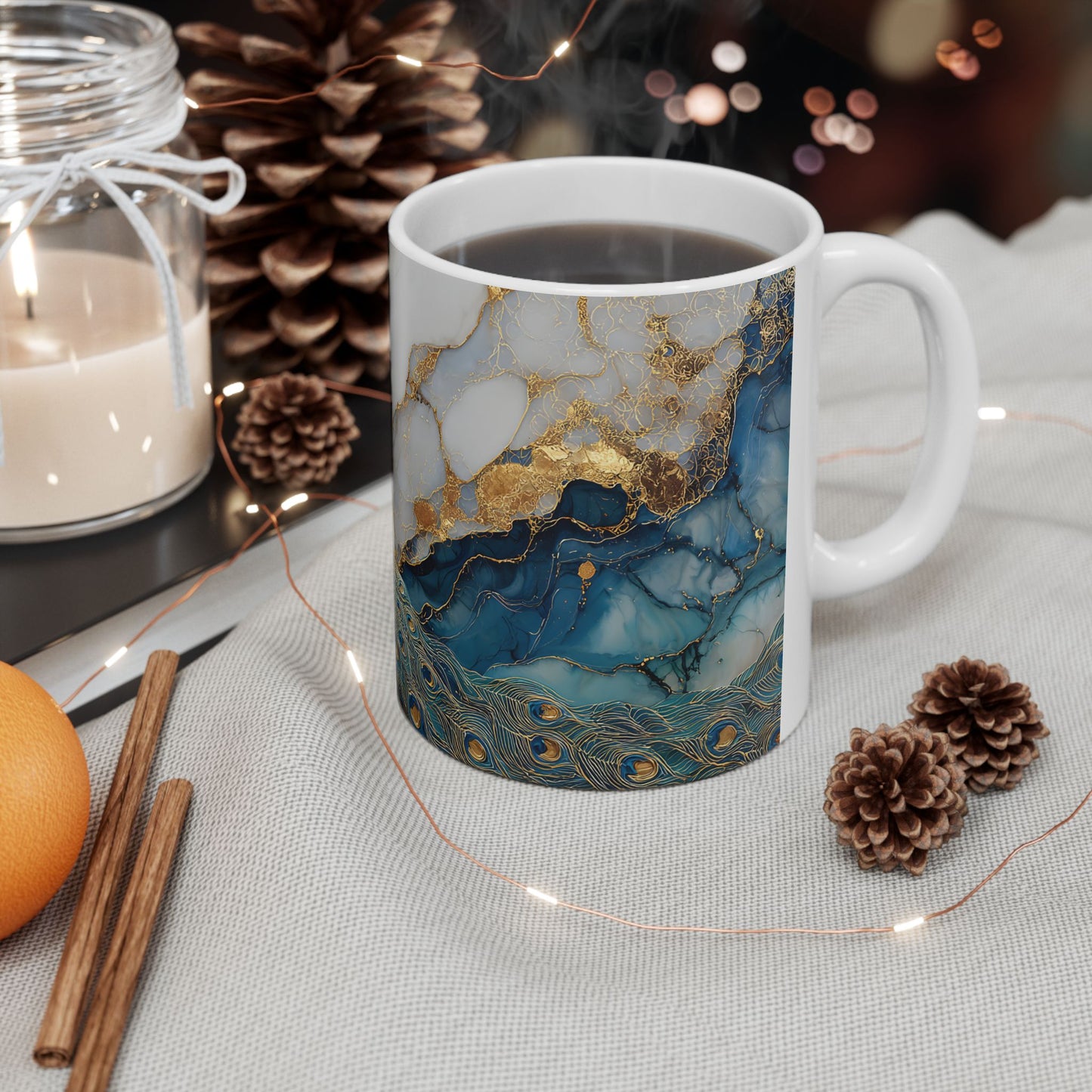 Elegant Peacock Ceramic Mug, Colorful Teal Blue Mug, Unique Coffee Cup Gift, Artistic Tea Mug, Home Decor, Art Lover's Present