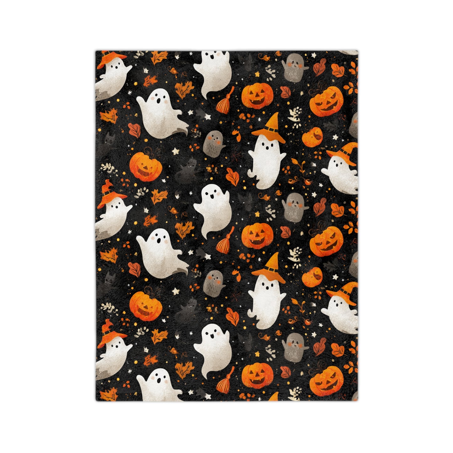 Cozy Halloween Throw Blanket - Velveteen Microfiber with Cute Ghosts & Pumpkins | Night-Sky Black