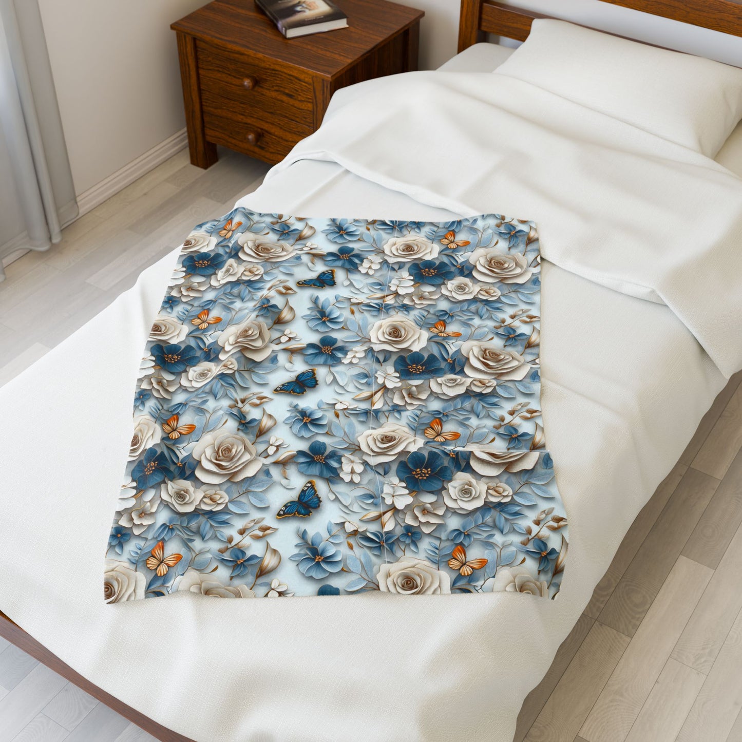 Velveteen plush throw blanket with floral & butterfly design, soft light blue cozy decor