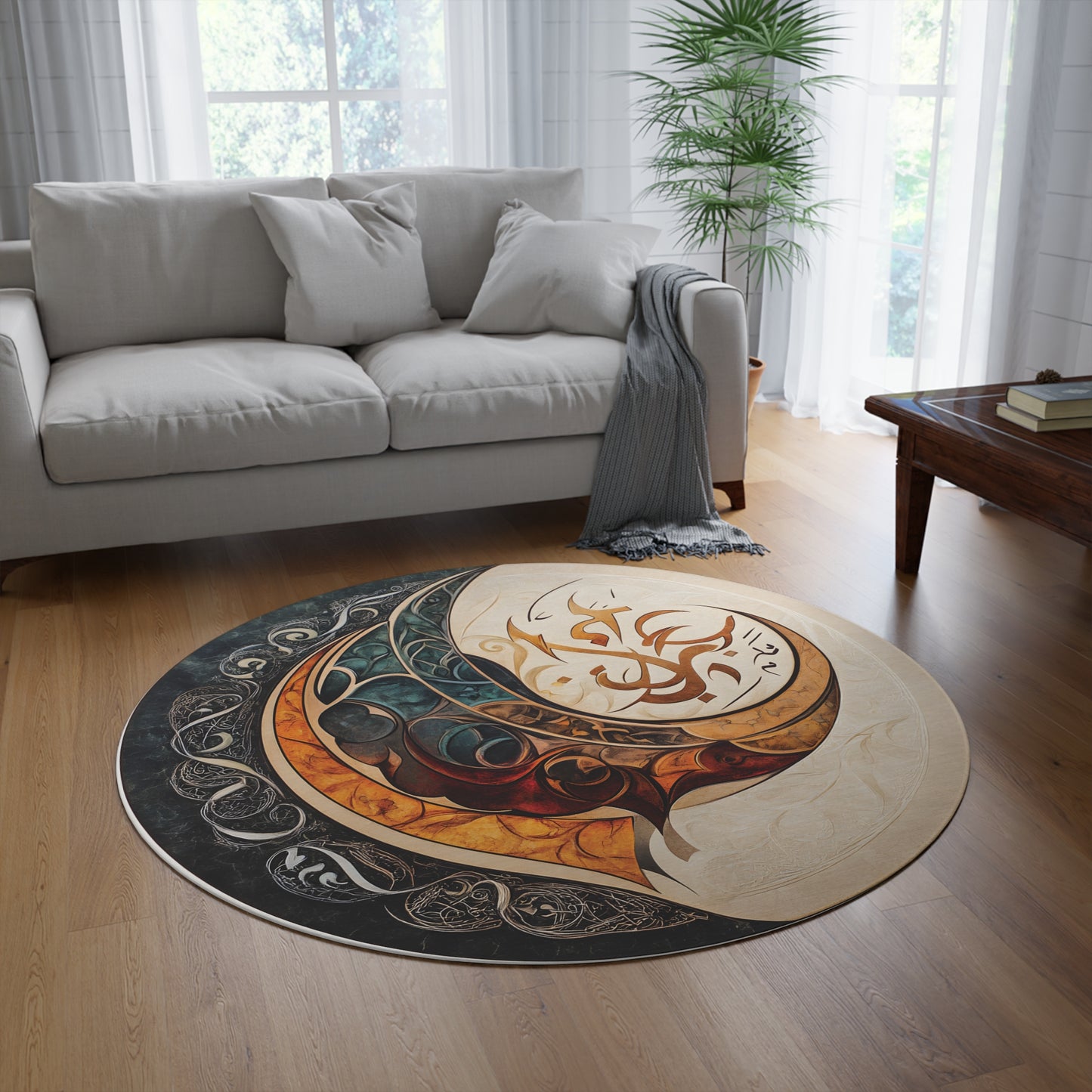 60" Round Abstract Rug, Teal & Orange Calligraphy Art, Soft Chenille Modern Area Rug