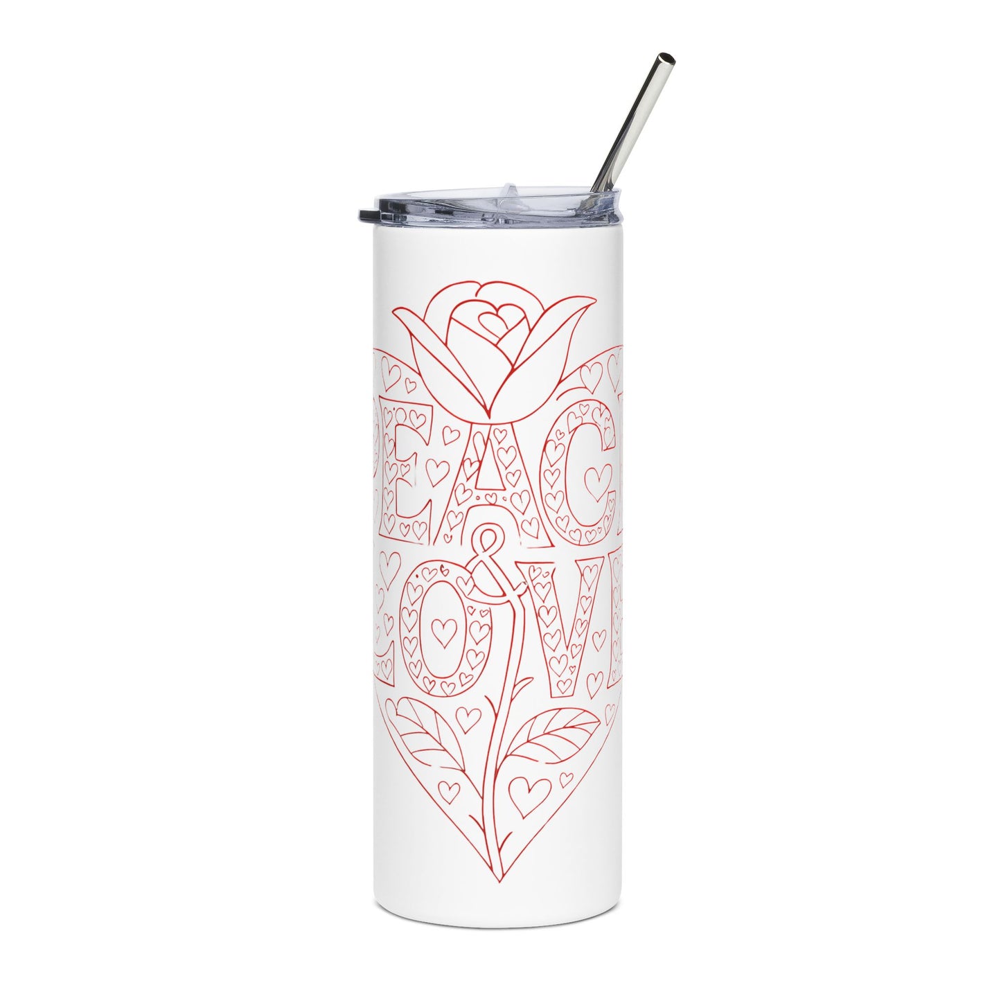 Peace Love Heart 20 oz Stainless Steel Travel Tumbler with Straw - Valentine Gift for Her