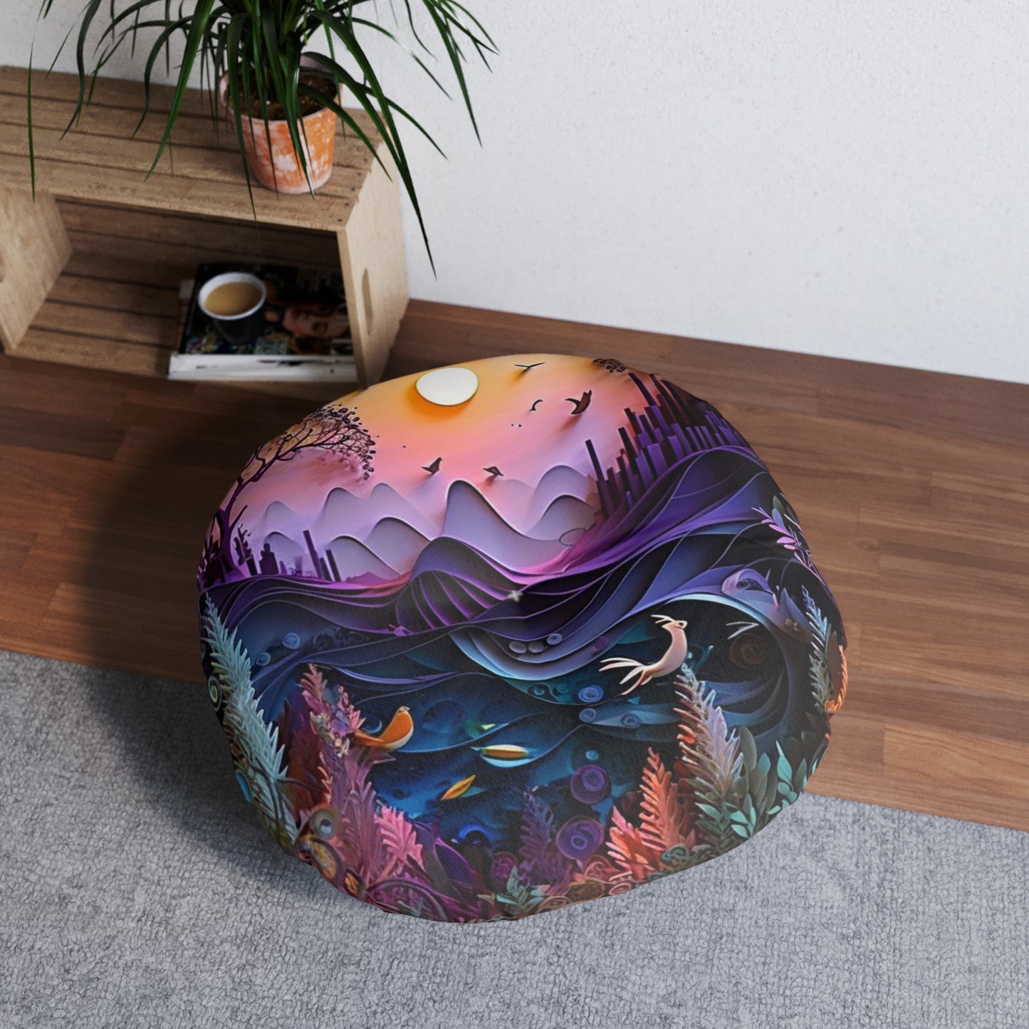 Boho Cosmic Round Floor Pillow Pouf - Tufted Meditation Cushion, Colorful Double-Sided