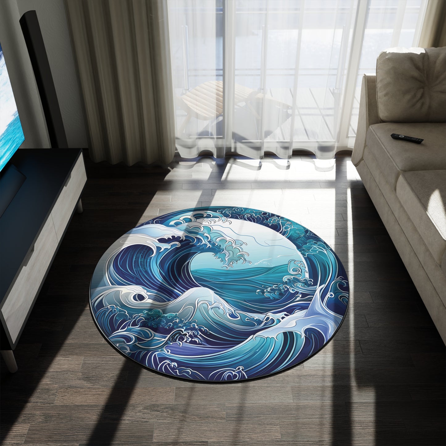 60" Round Ocean Wave Rug | Large Blue Chenille Coastal Area Rug | Modern Artistic Living Room Decor