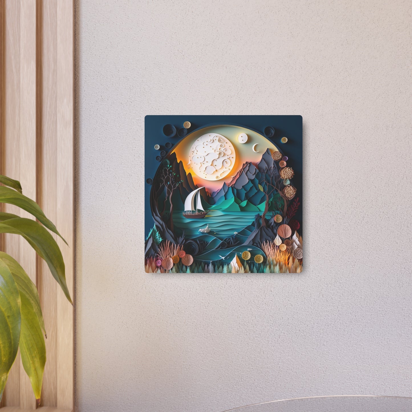 3D Metal Wall Art, Coastal Ocean Scene with Sailboat & Moon | Modern Nautical Home Decor