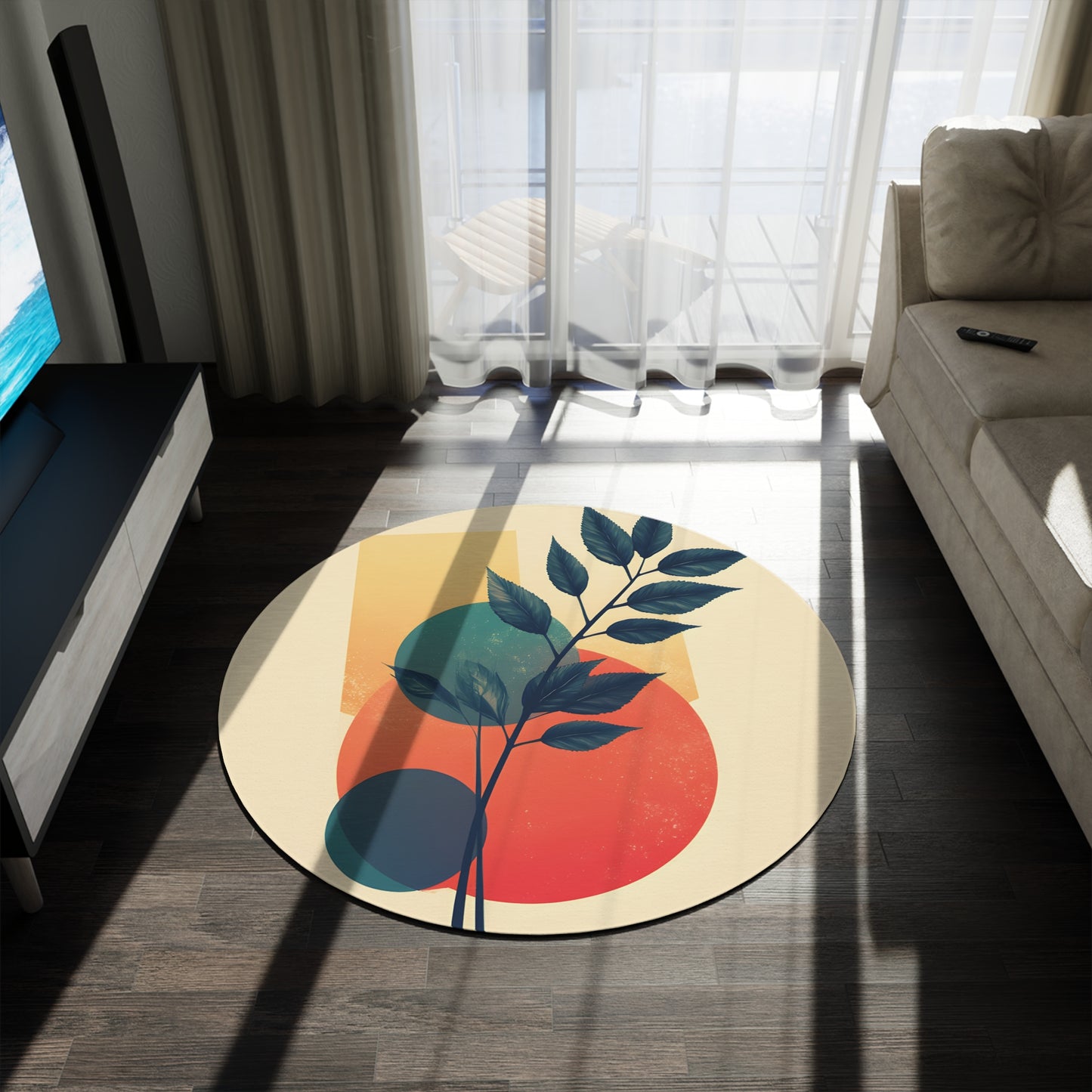 60-inch Round Geometric Botanical Rug in Beige Chenille — Modern Accent for Living Room