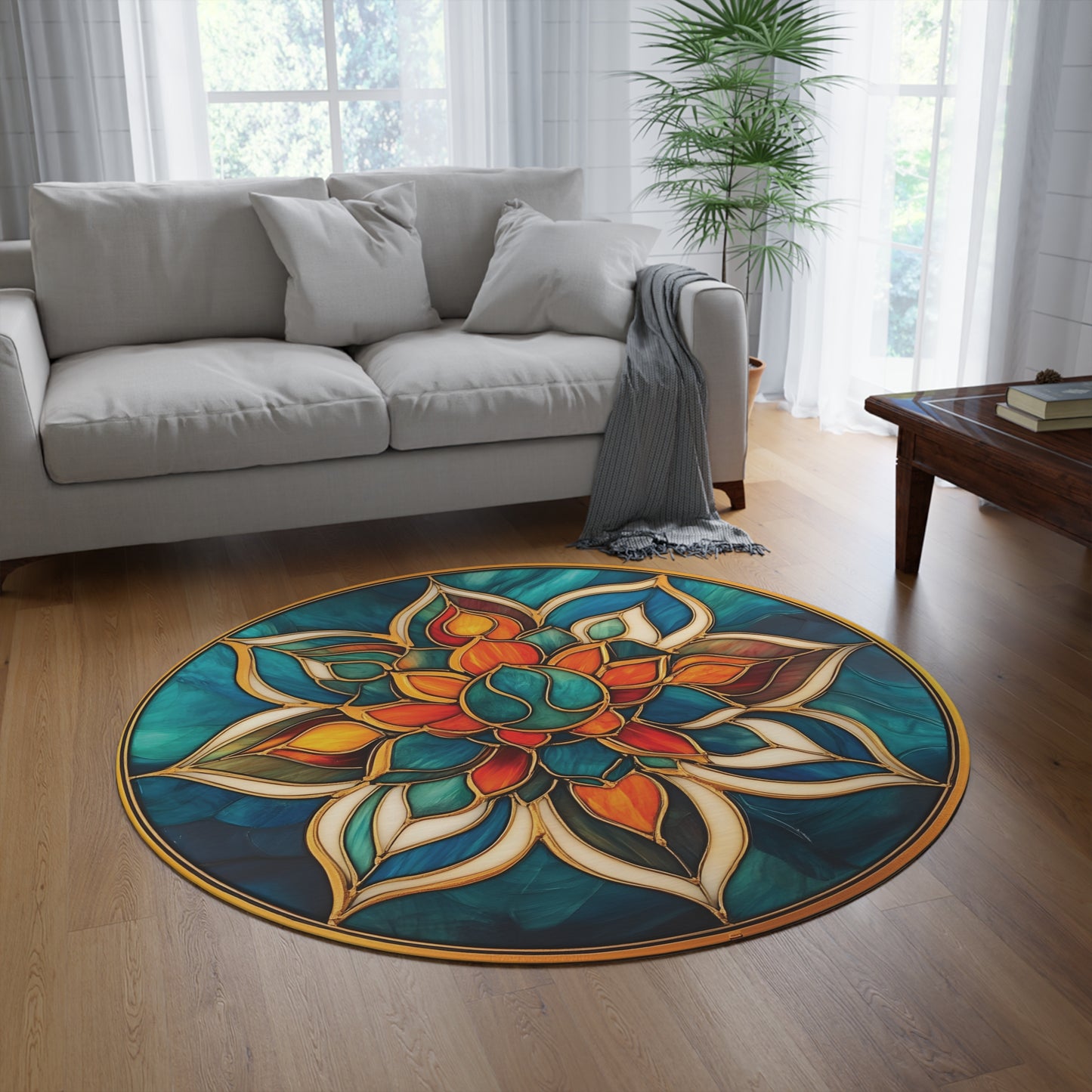 60" Round Stained Glass Mandala Rug - Soft Chenille Area Carpet for Meditation & Boho Home Decor