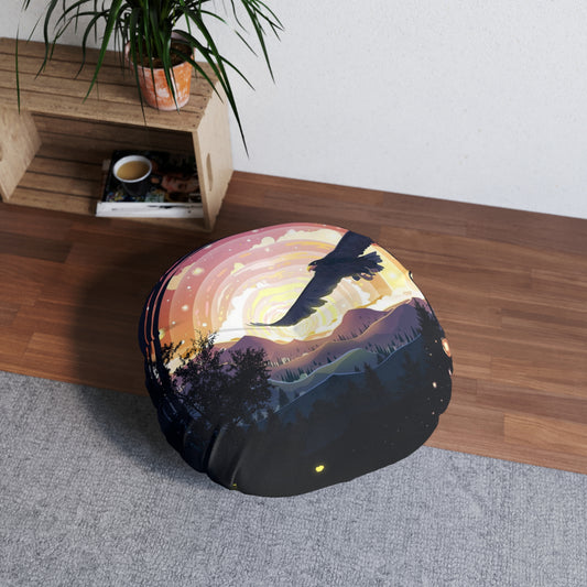 Boho Round Tufted Floor Pillow – Celestial Bird & Sunset Mountains, Double-Sided