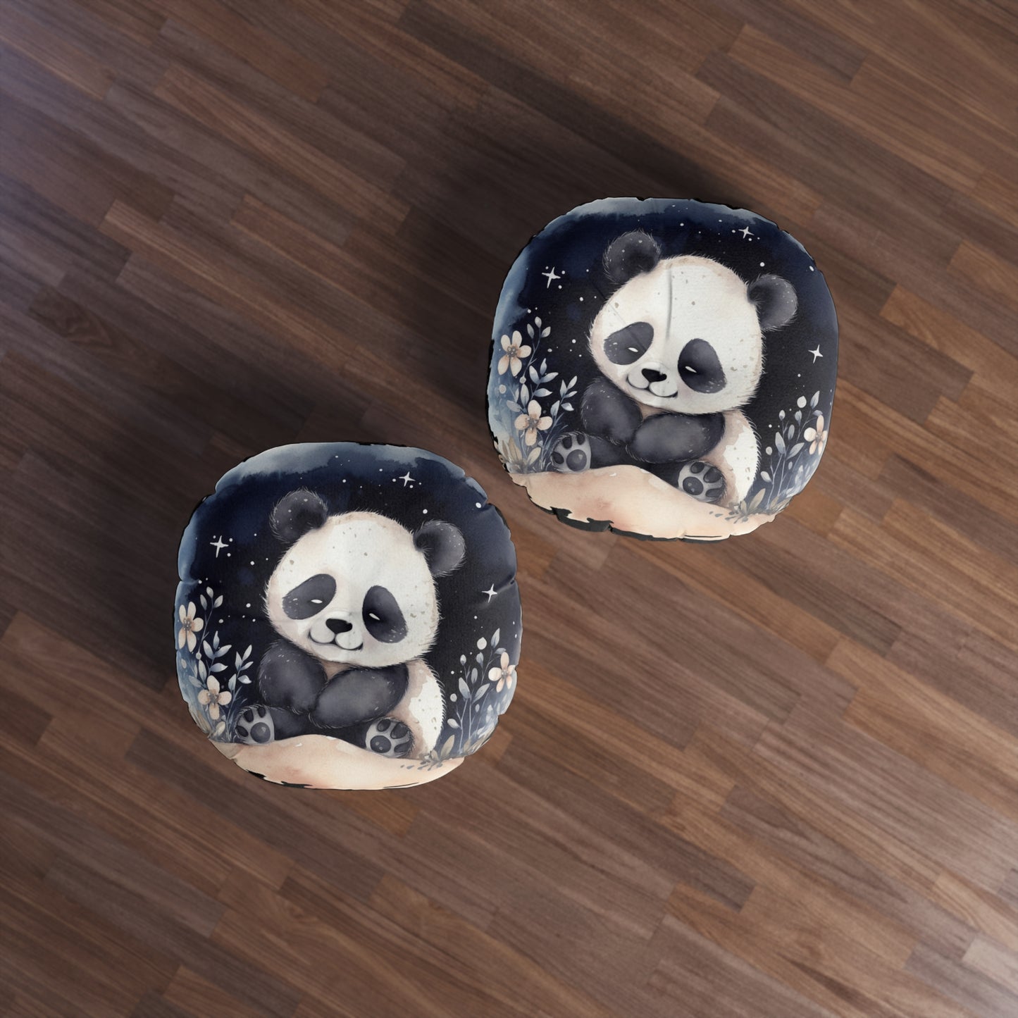 Round Tufted Floor Pillow - Watercolor Baby Panda Night Sky, Nursery Cushion