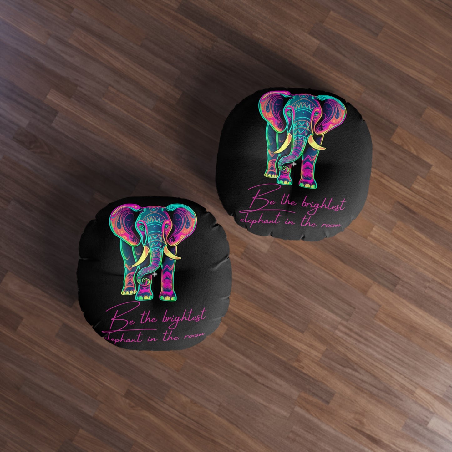 Boho Round Tufted Floor Pillow - Neon Elephant Decor, Black Pouf Cushion, Meditation