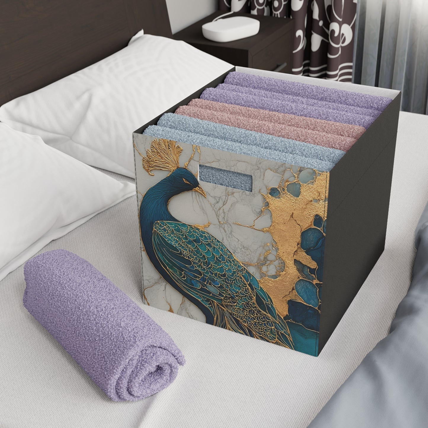 Peacock Felt Storage Box, Decorative Foldable Cube Bin with Handles, Teal & Gold