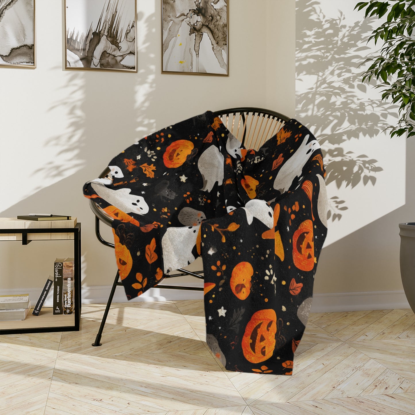 Cozy Halloween Throw Blanket - Velveteen Microfiber with Cute Ghosts & Pumpkins | Night-Sky Black