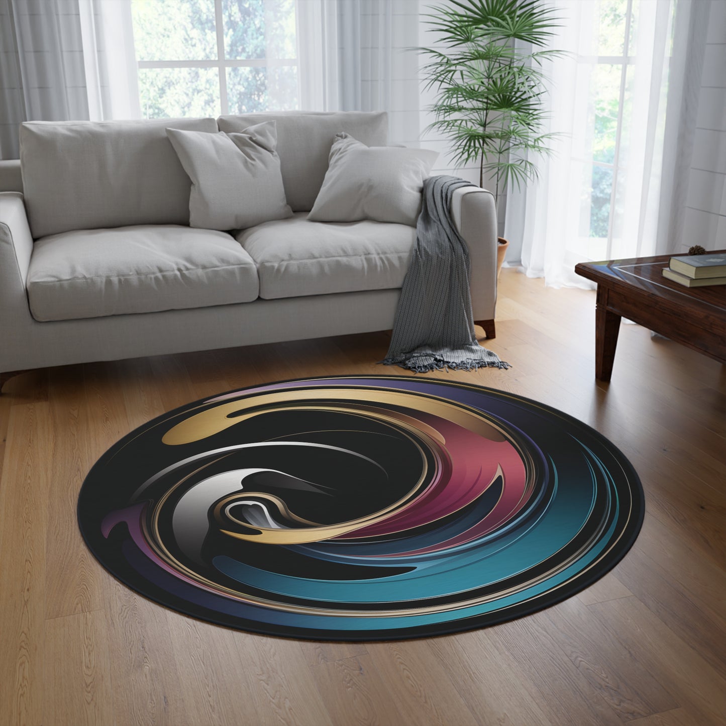 60-inch round abstract swirl rug, black with gold & teal - non-slip chenille area rug
