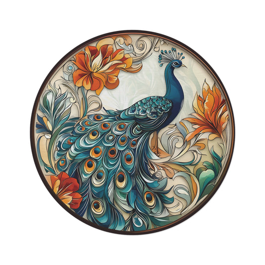60" Round Peacock Rug, Floral Chenille Area Rug, Teal & Gold Boho Home Decor