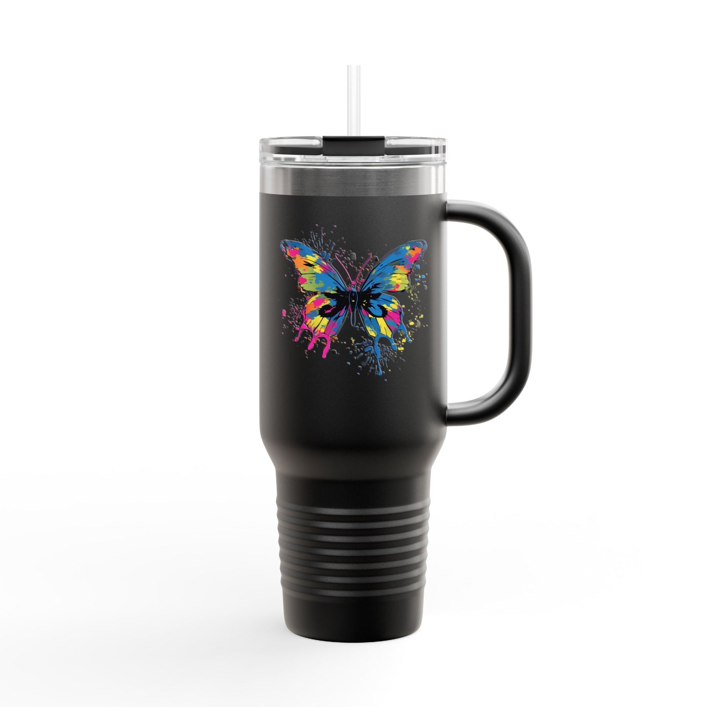 40 Oz Insulated Travel Mug with Butterfly Design - Stainless Steel, Spill-Proof Lid