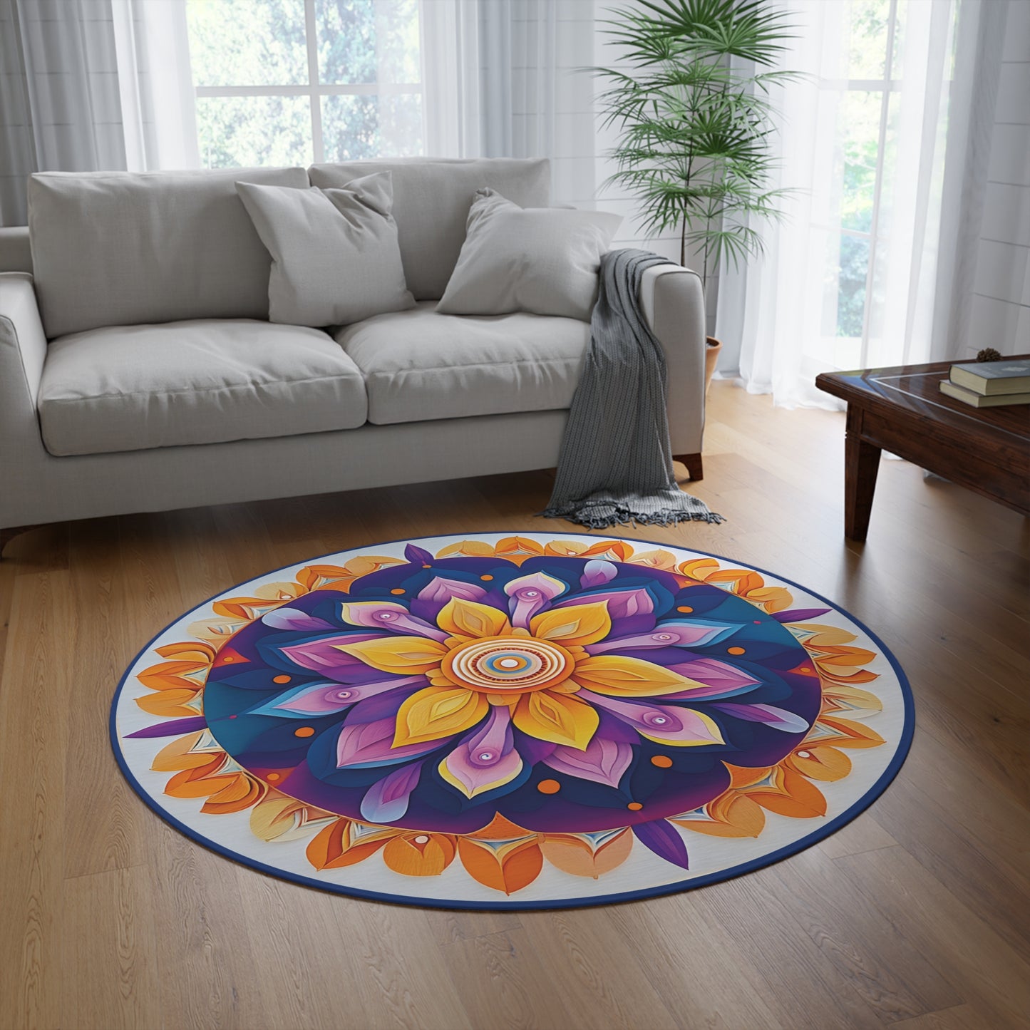 60-Inch Round Mandala Rug – Colorful Boho Chenille, Soft Plush, Non-Slip, Low Profile