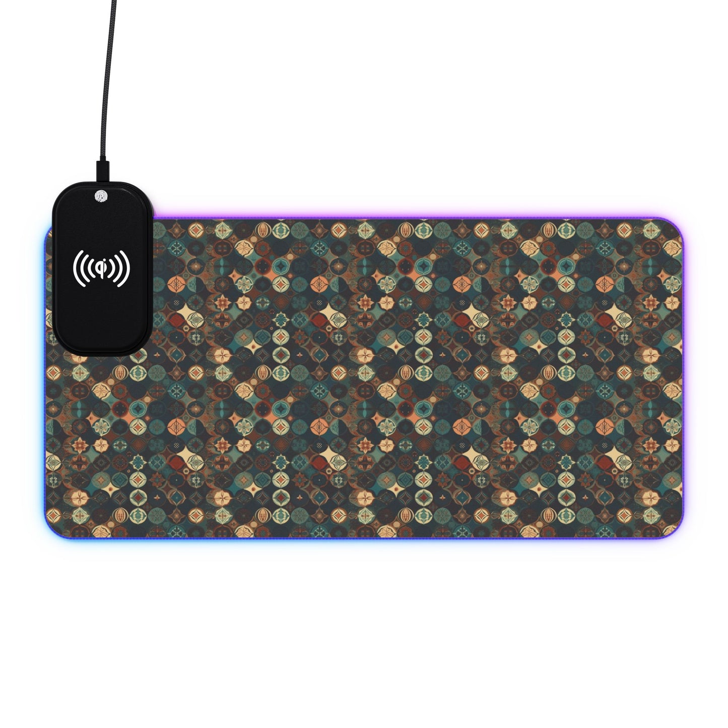 rgb gaming mouse pad with 15w qi charging – smooth xl desk mat, geometric teal gold design