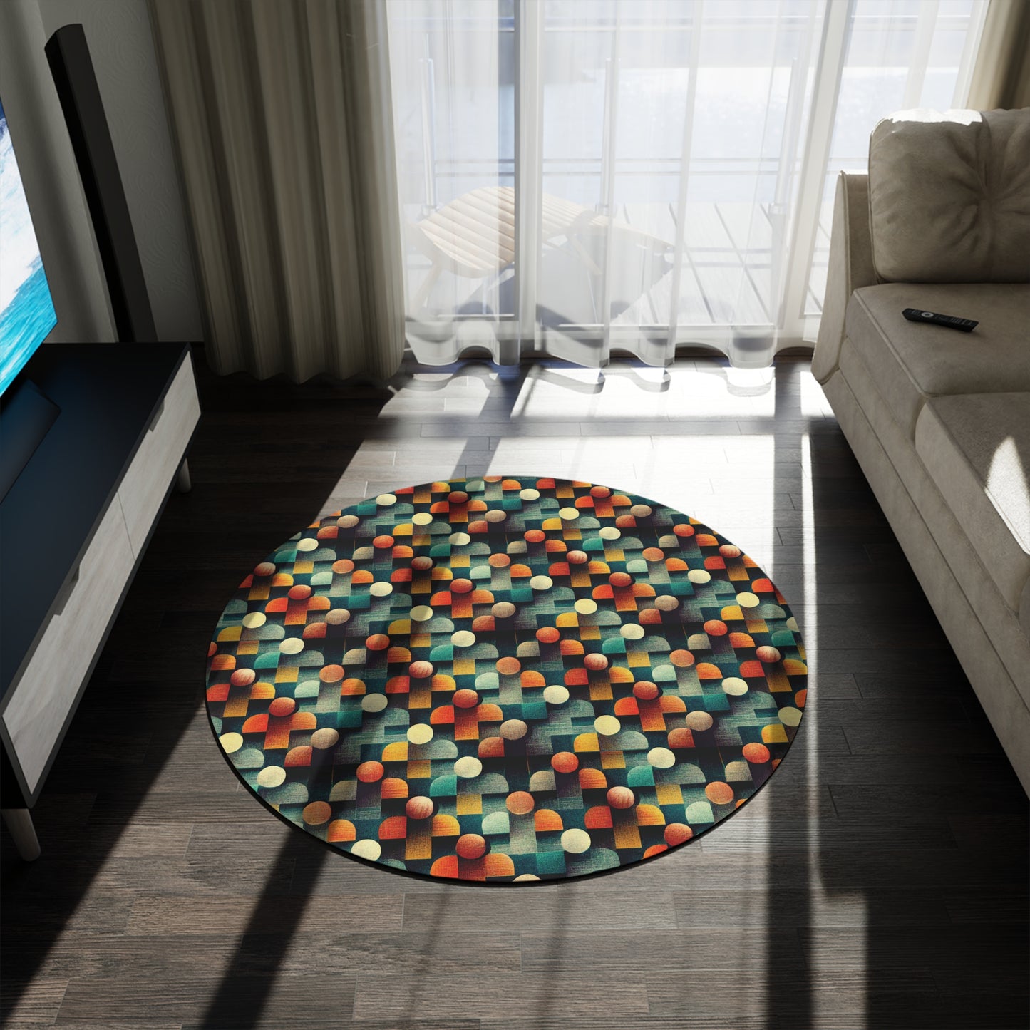 60-Inch Round Chenille Rug with Geometric Pattern — Colorful, Soft, Non-Slip Area Accent
