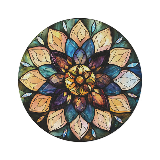 60-inch Mandala Round Rug – Stained Glass, Non-Slip Chenille Area Rug for Living Room & Meditation