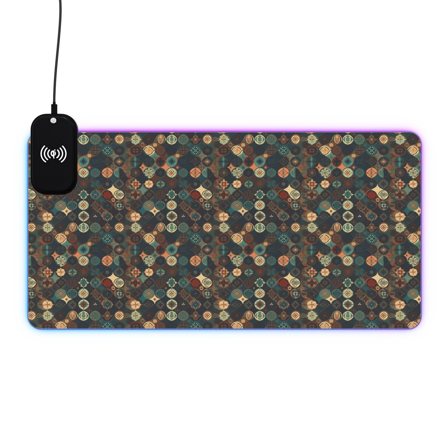 rgb gaming mouse pad with 15w qi charging – smooth xl desk mat, geometric teal gold design