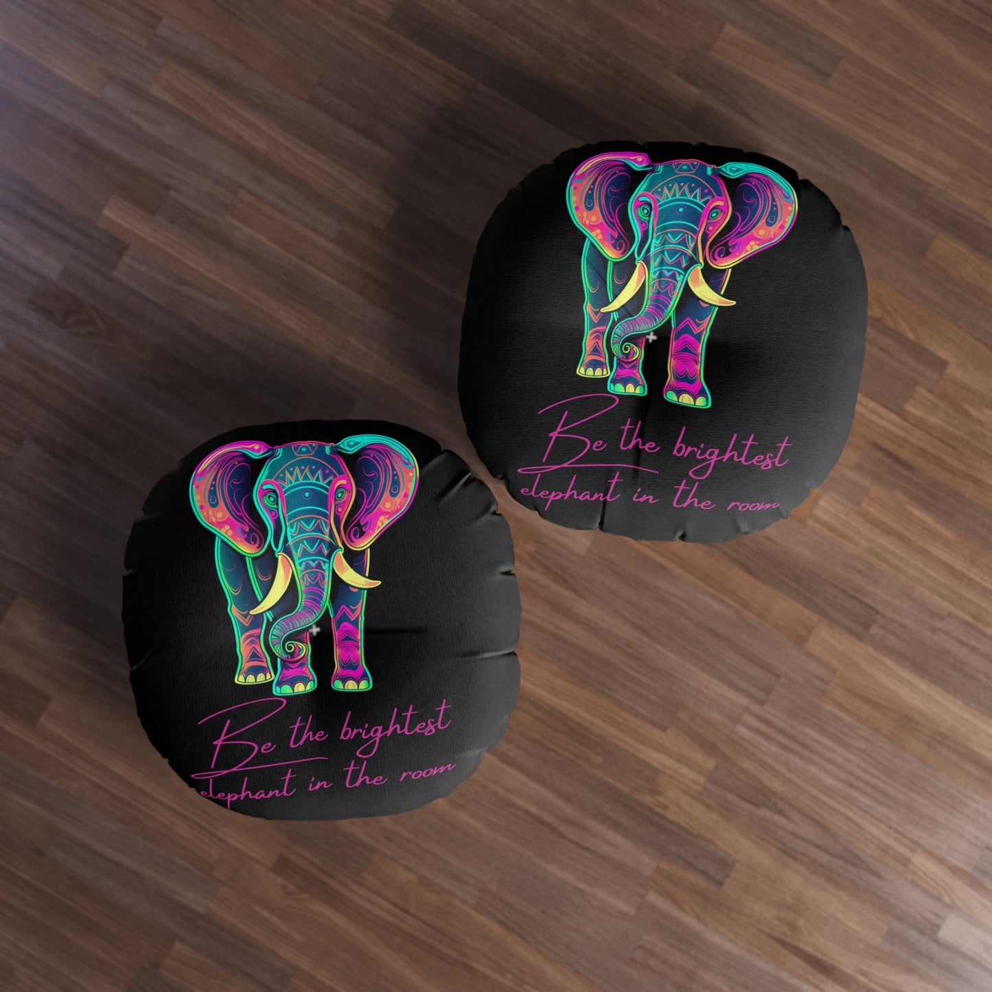 Boho Round Tufted Floor Pillow - Neon Elephant Decor, Black Pouf Cushion, Meditation