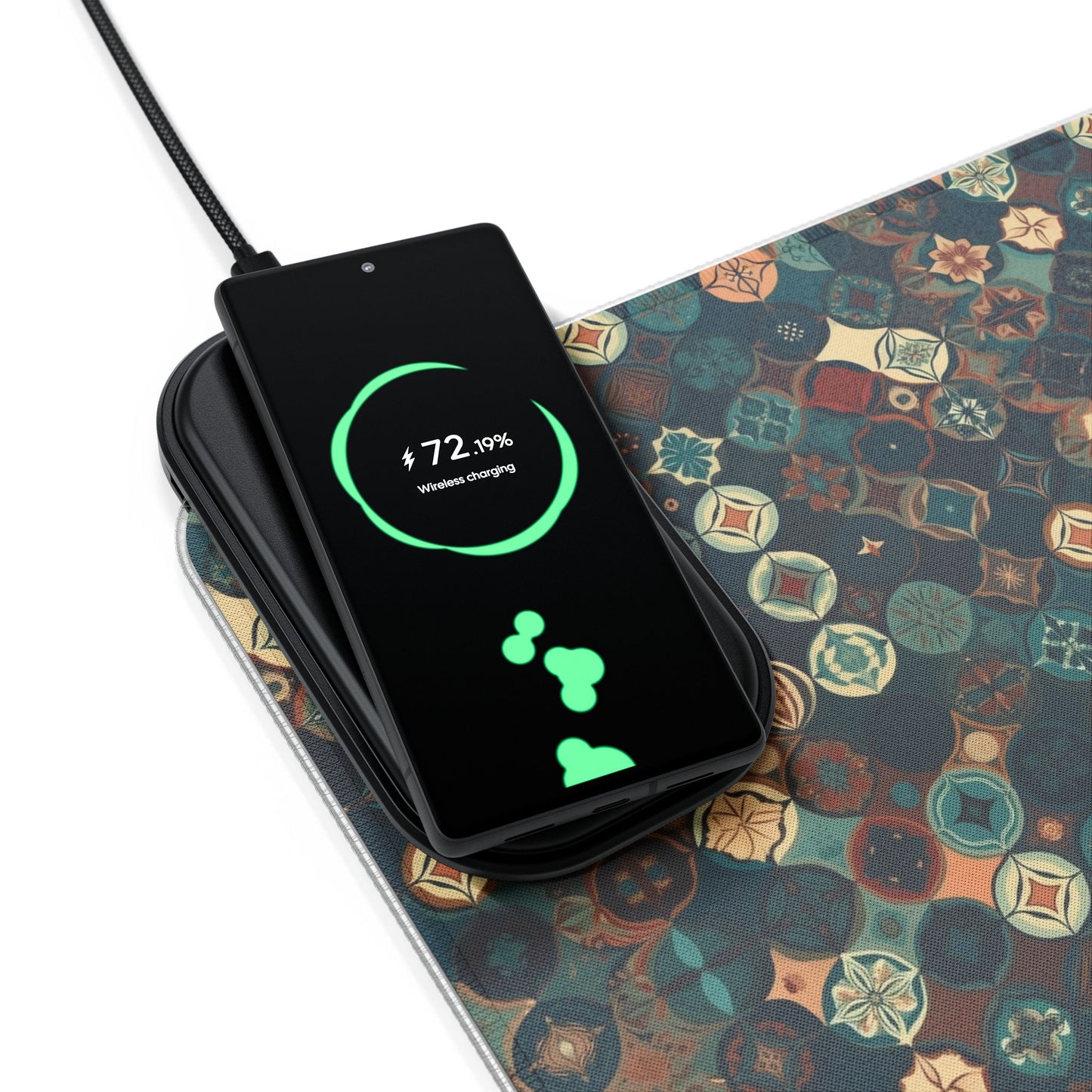 rgb gaming mouse pad with 15w qi charging – smooth xl desk mat, geometric teal gold design