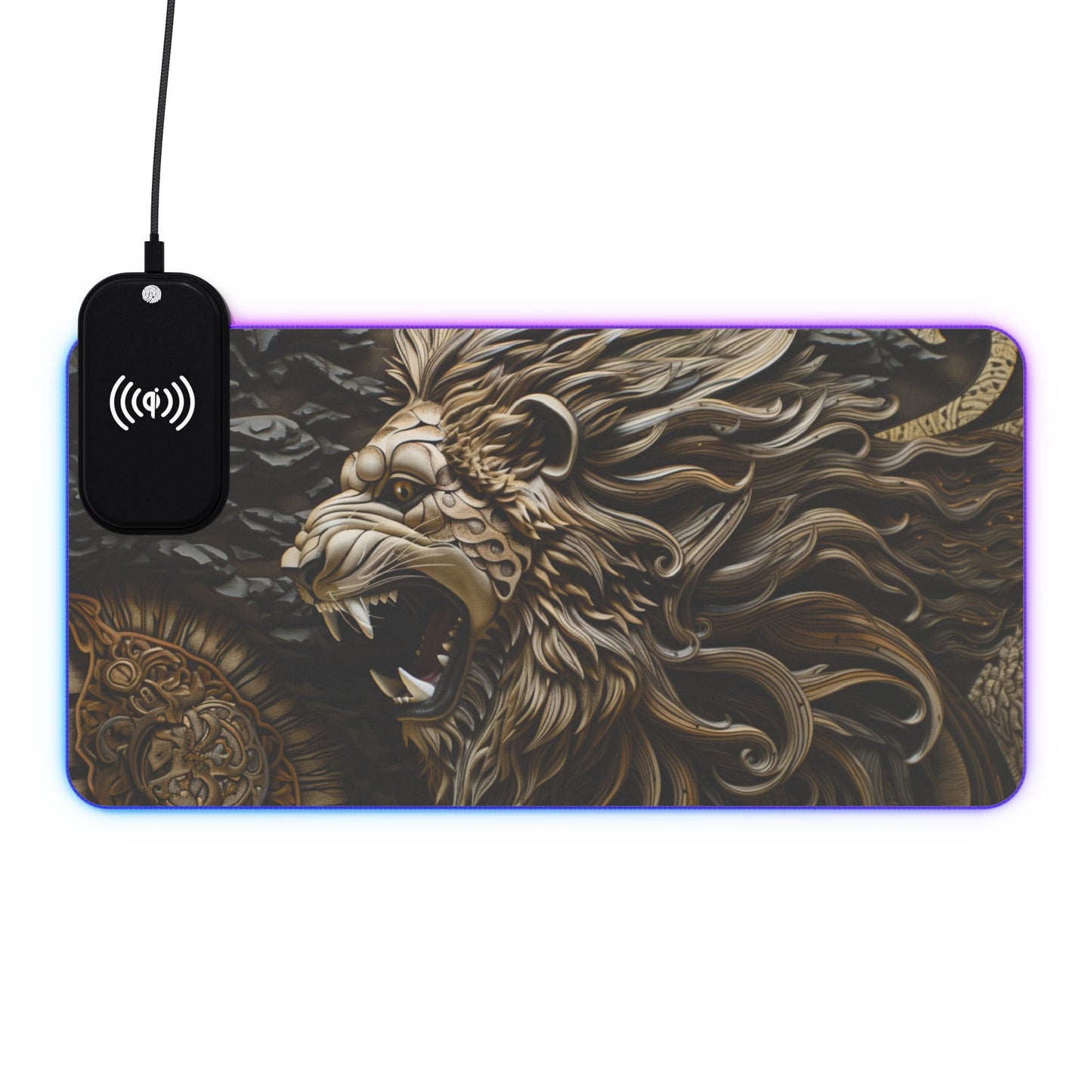 Lion Mandala RGB LED Gaming Mouse Pad with Wireless Charging
