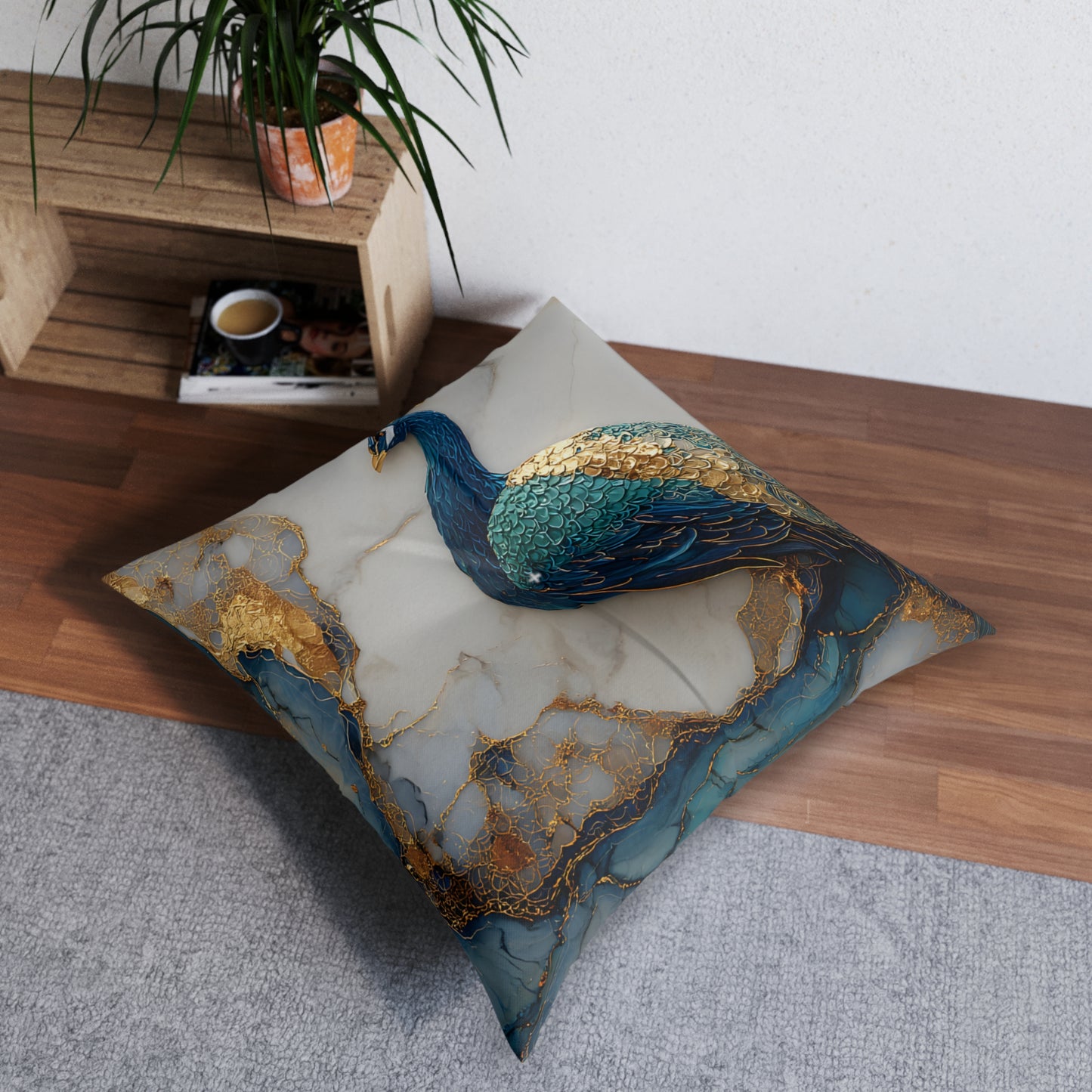 Peacock Jewel-Tone Square Floor Pillow - Double-Sided Teal Marble Cushion for Lounge & Nook