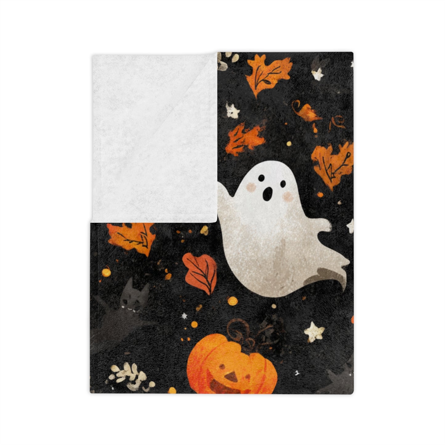Cozy Halloween Throw Blanket - Velveteen Microfiber with Cute Ghosts & Pumpkins | Night-Sky Black