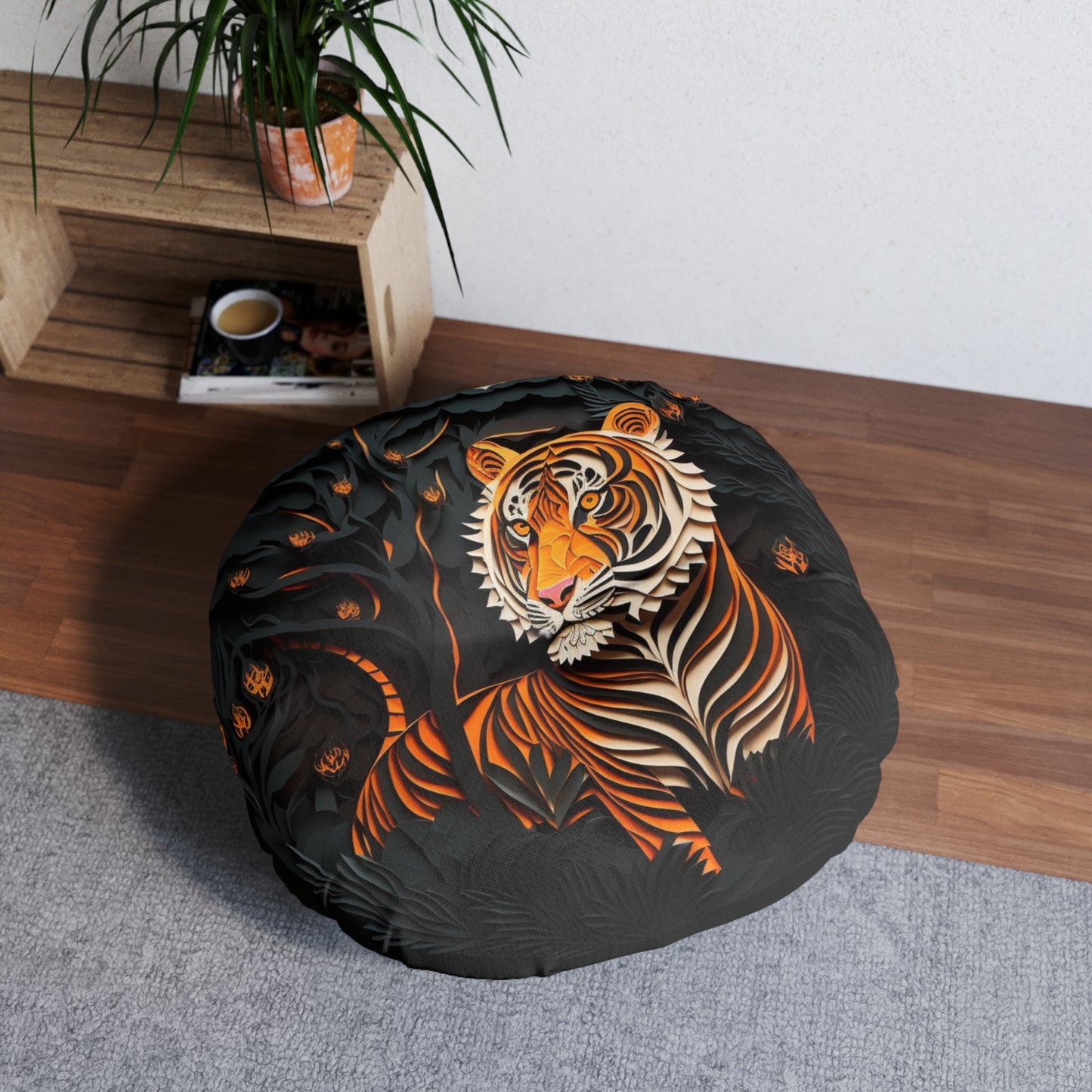 Round Tufted Tiger Floor Pillow – Boho Jungle Cushion, Plush Reversible Seating