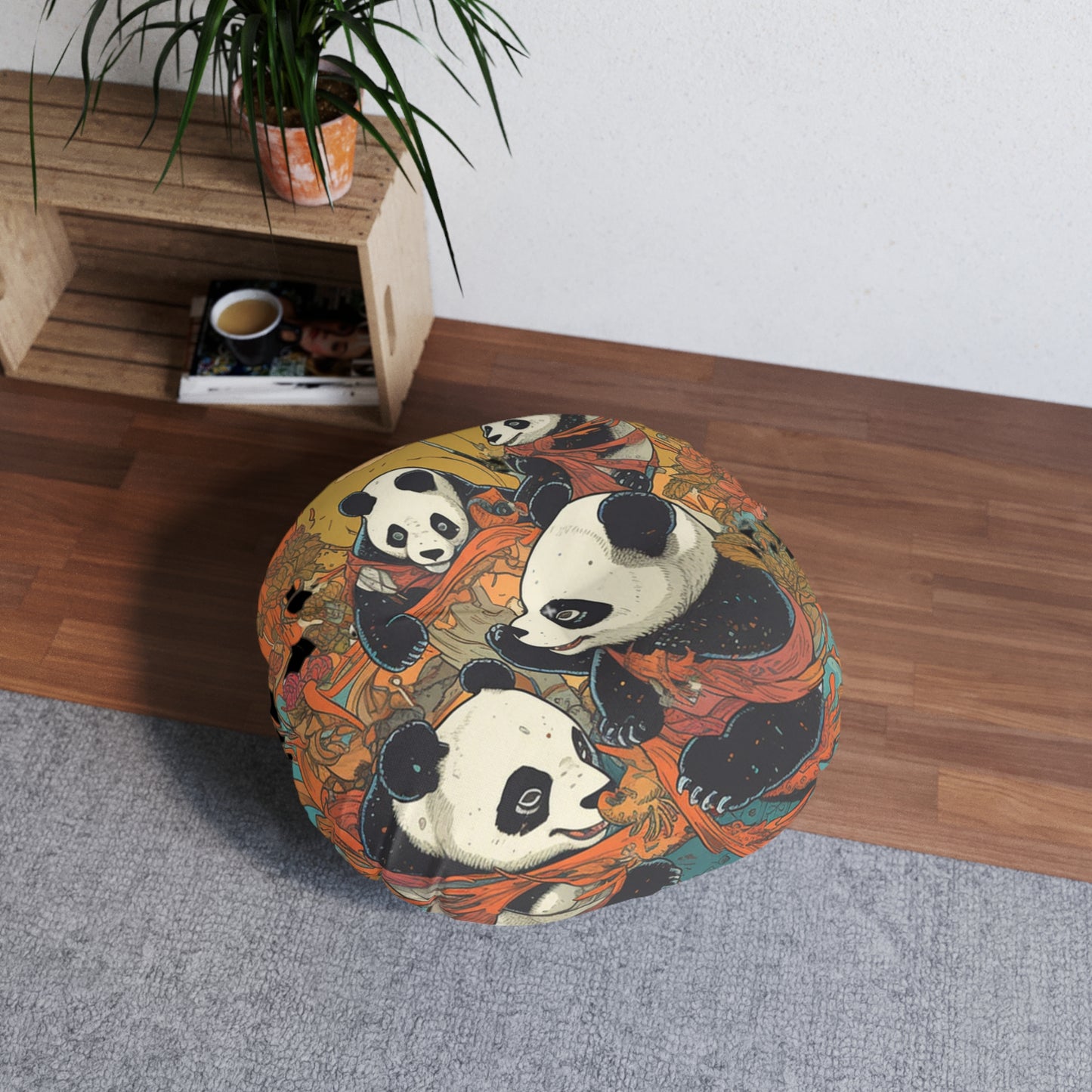 Round Tufted Panda Floor Pillow - Boho Plush Floor Cushion for Seating & Decor