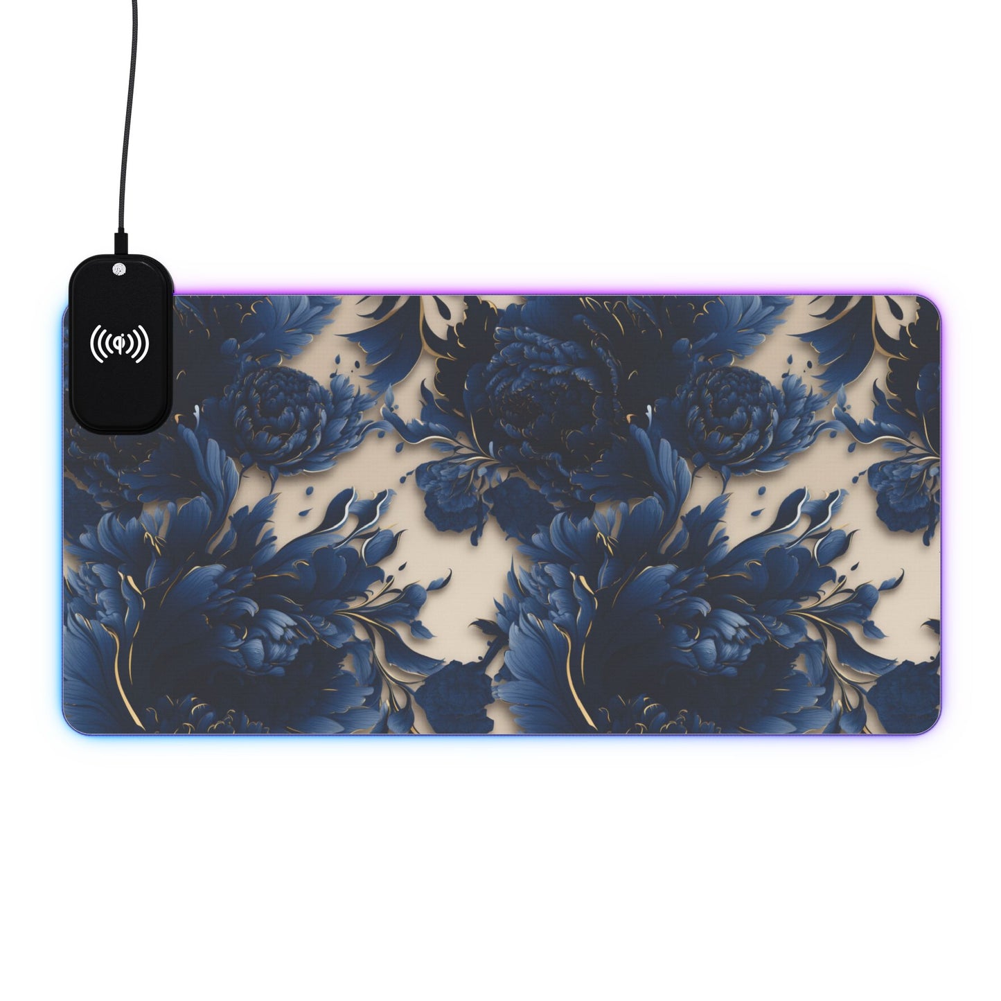 Artistic floral rgb gaming mouse pad with 15w Qi wireless charging, non-slip desk mat