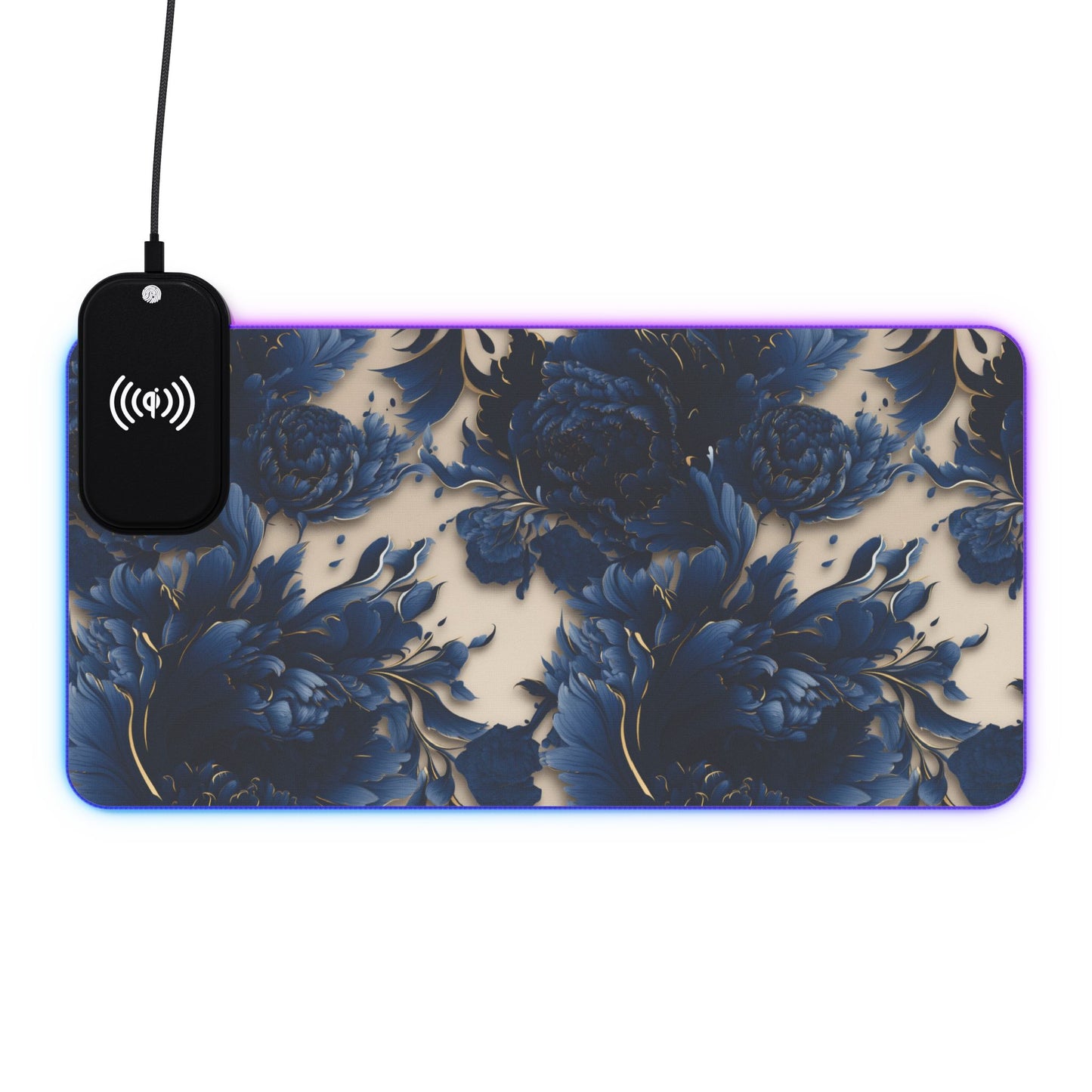 Artistic floral rgb gaming mouse pad with 15w Qi wireless charging, non-slip desk mat