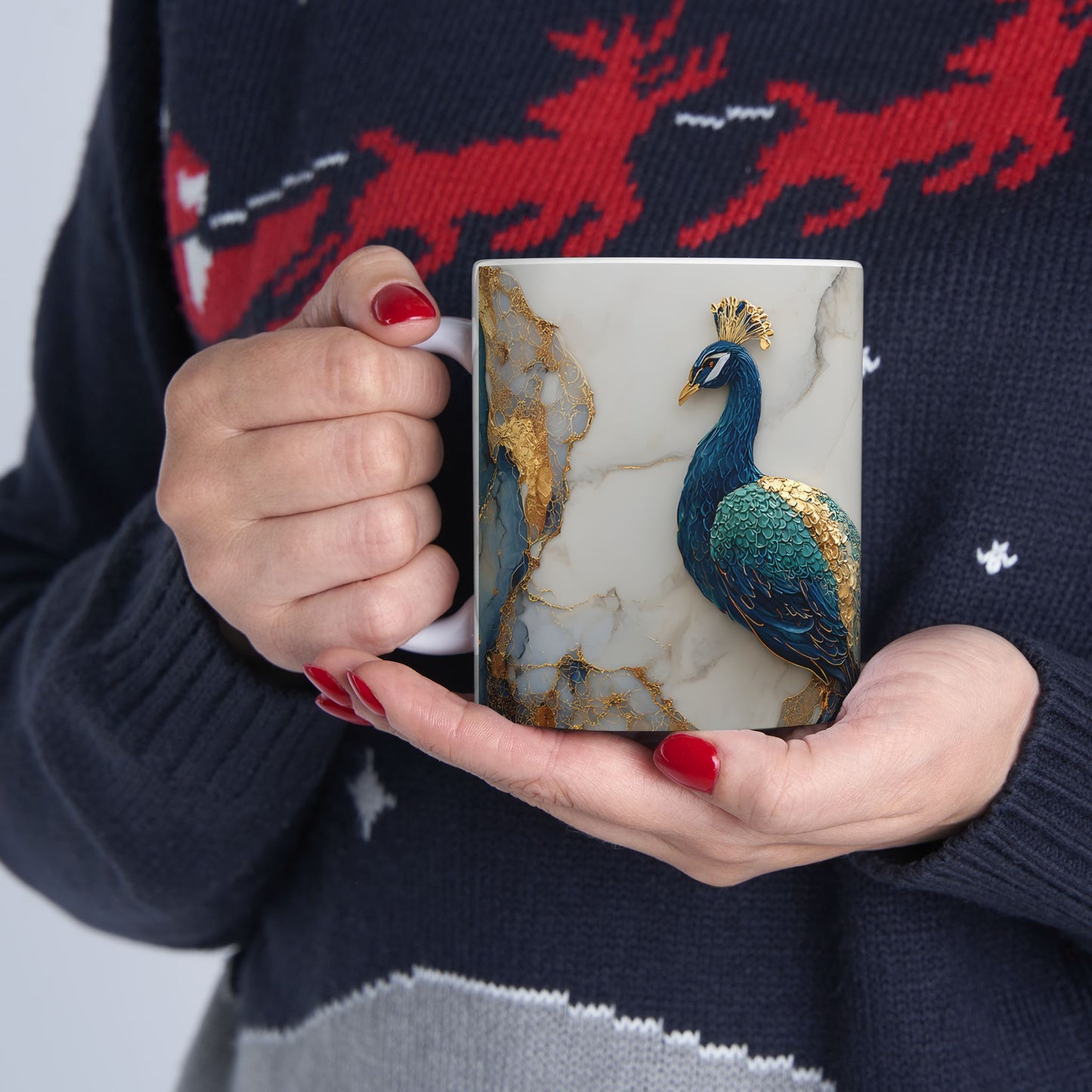 Elegant Peacock Ceramic Mug, Colorful Teal Blue Mug, Unique Coffee Cup Gift, Artistic Tea Mug, Home Decor, Art Lover's Present