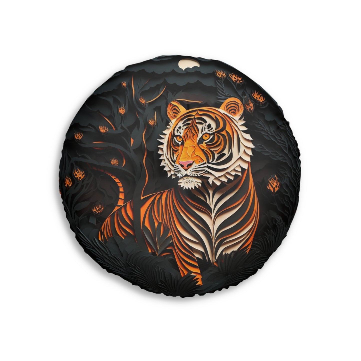 Round Tufted Tiger Floor Pillow – Boho Jungle Cushion, Plush Reversible Seating