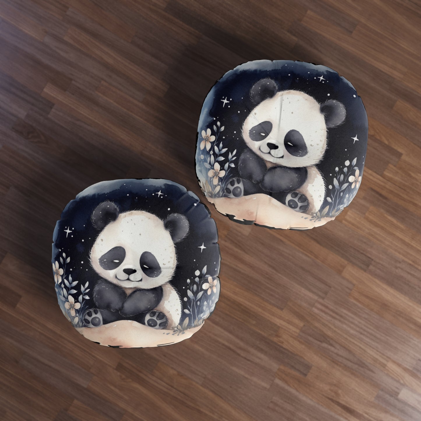 Round Tufted Floor Pillow - Watercolor Baby Panda Night Sky, Nursery Cushion