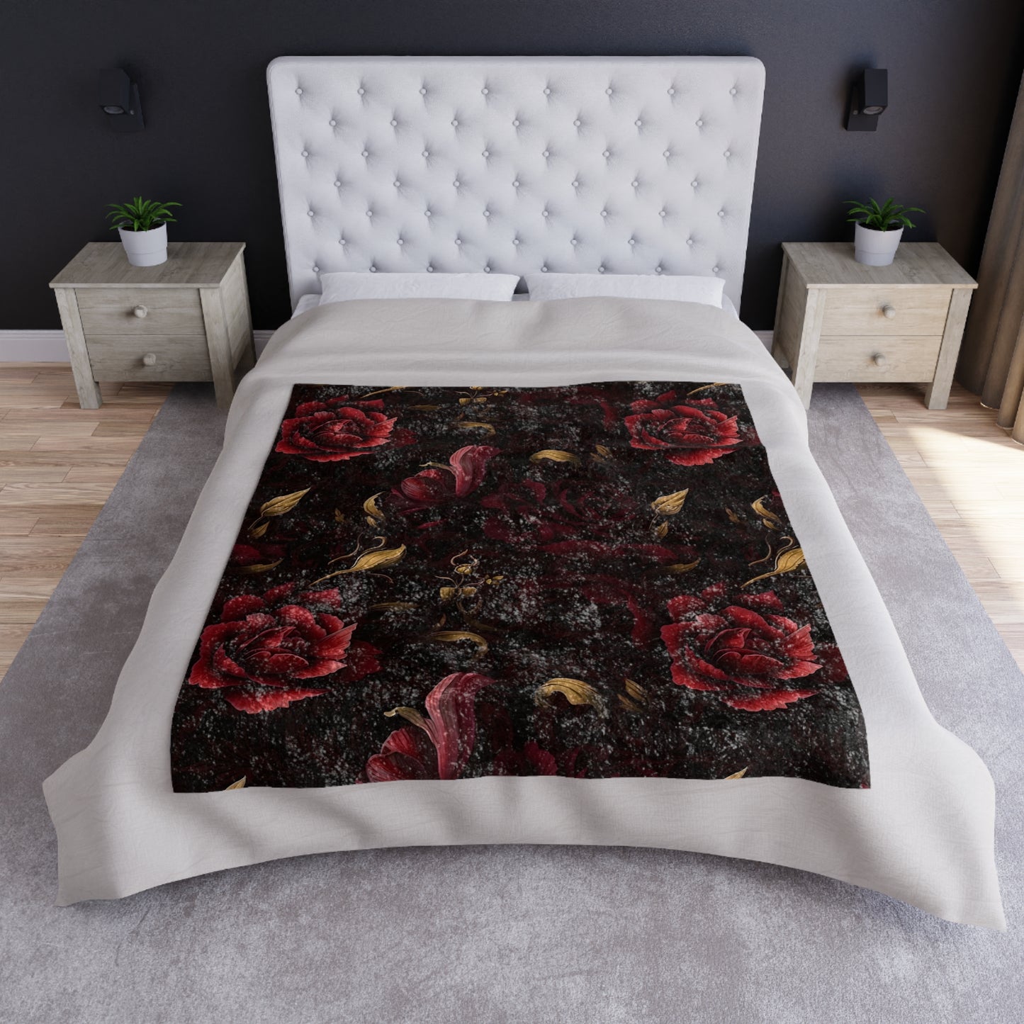 Dark Red Rose Pattern Crushed Velvet Blanket | Gothic Floral Throw