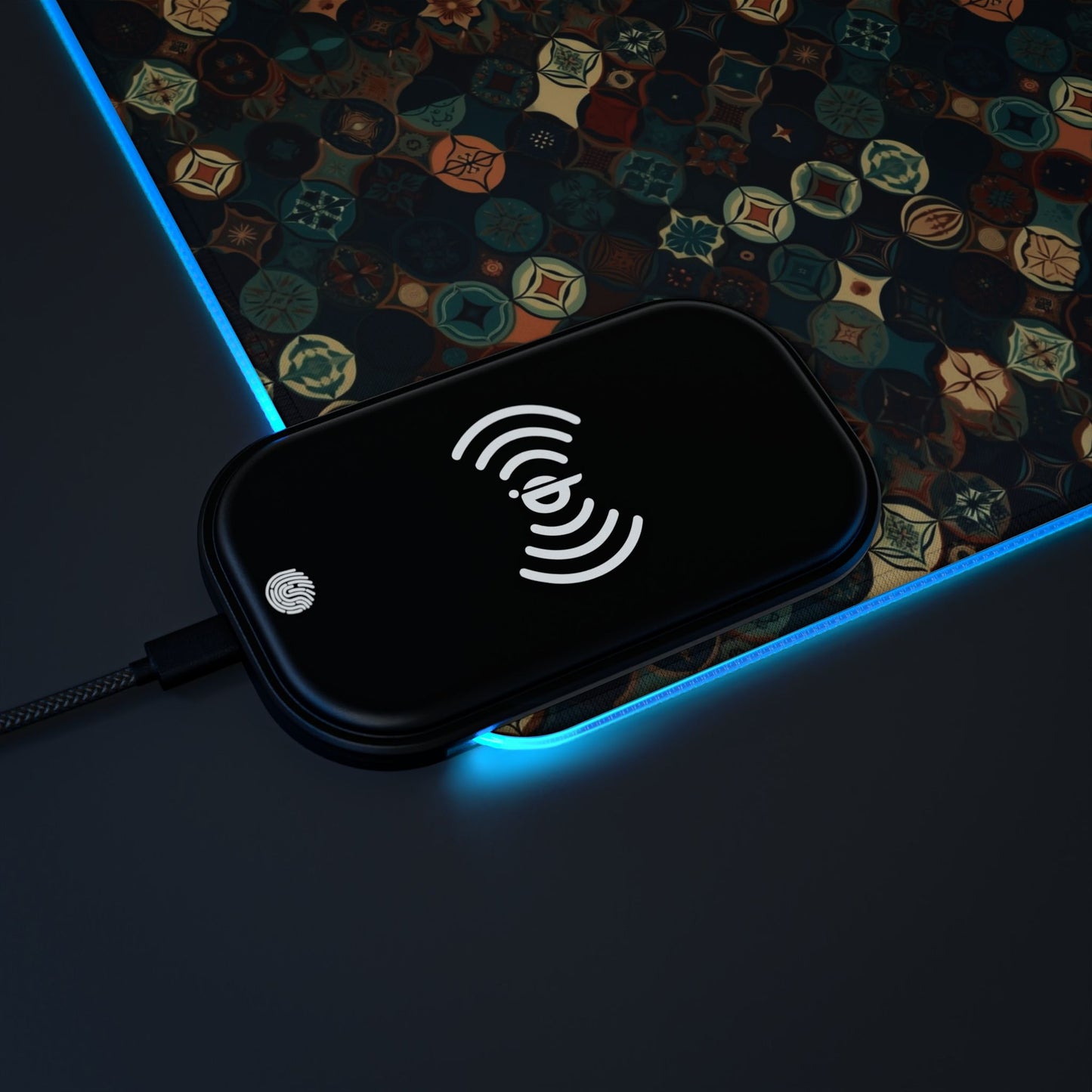 rgb gaming mouse pad with 15w qi charging – smooth xl desk mat, geometric teal gold design