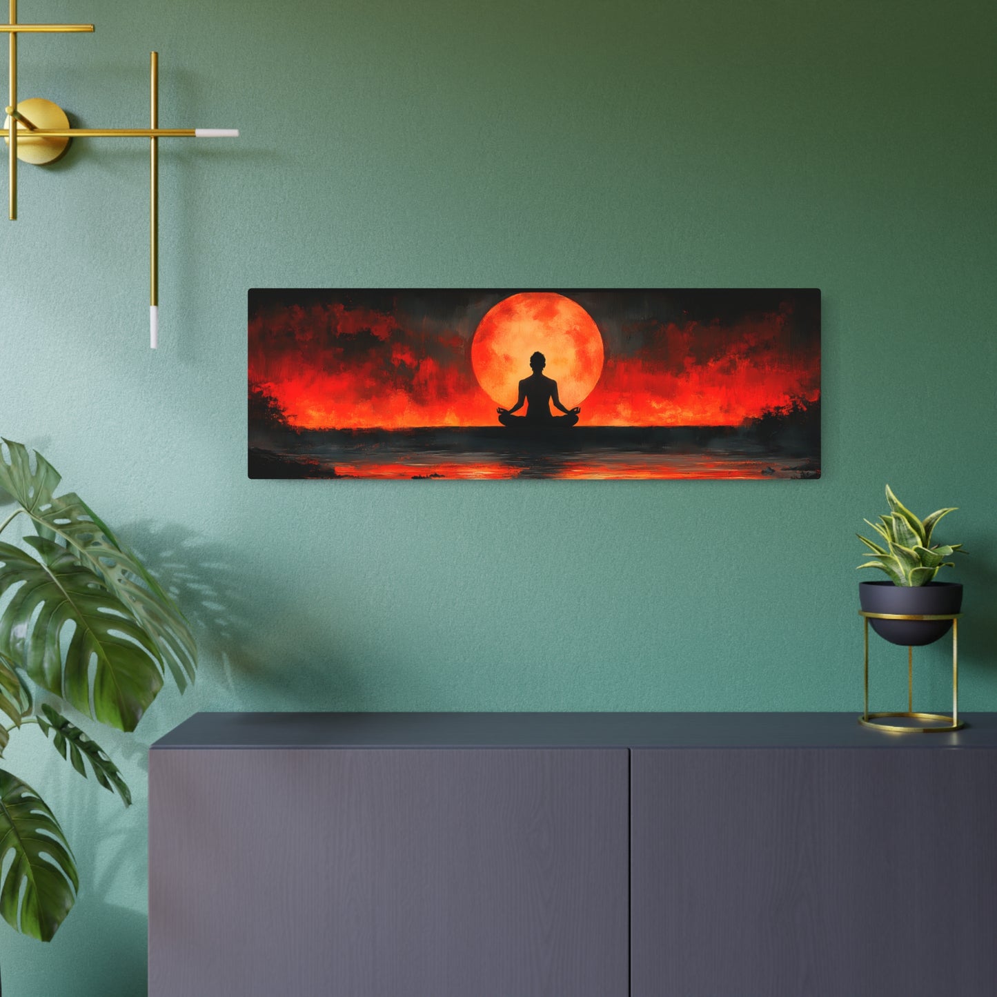 Zen Meditation Sunset Metal Wall Art, 36x12 Panoramic Moon Decor for Yoga Rooms