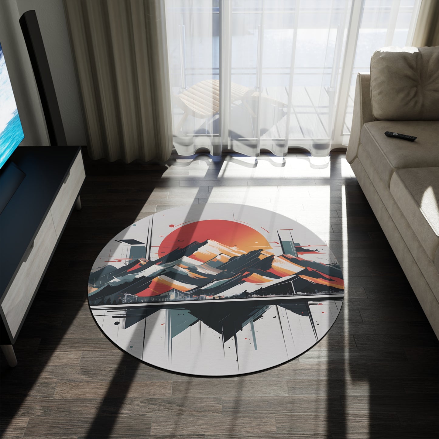 60-Inch Round Chenille Area Rug, Modern Geometric Mountain Sun Art, Slip-Resistant Backing