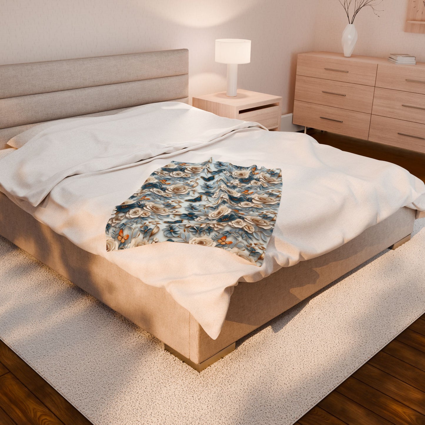 Velveteen plush throw blanket with floral & butterfly design, soft light blue cozy decor